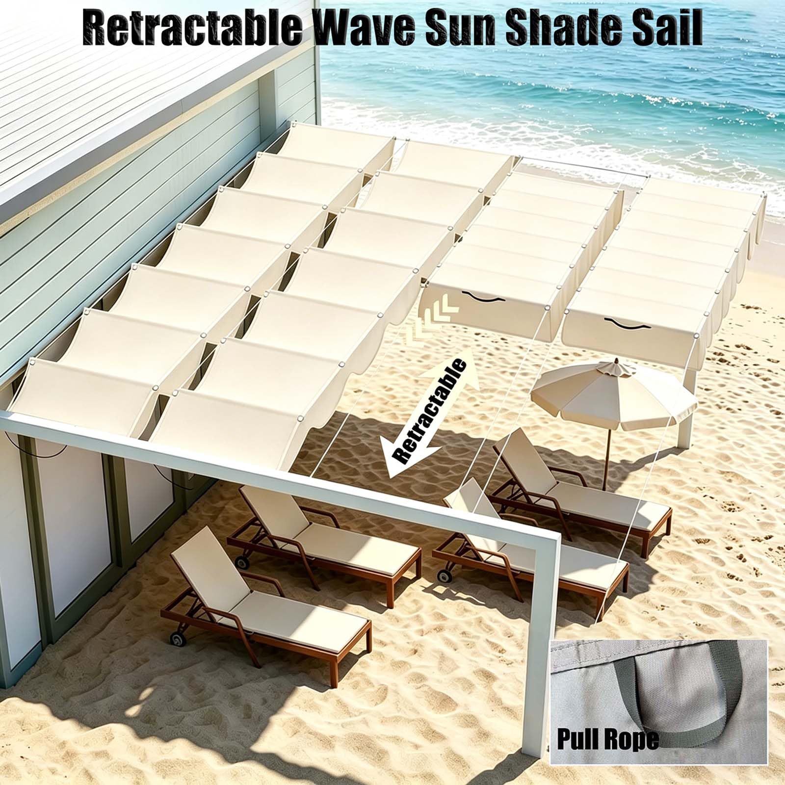 Vela Parasole Ondulata Retrattile 150 x 400 cm Regolabile, Protezione Solare, Resistente Ai Raggi UV Tenda da Sole per Esterno Vela Parasole per Terrazze, Pergolato, bianco