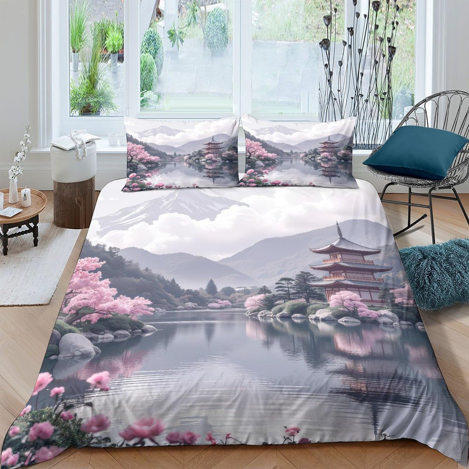 Ctjqhvkz Style-2 3D Printed Japanese Lake View Fitted Sheet Microfiber Soft Pink Pagoda Bed Cover For Bedroom Guest Room Decor Single（135X200cm）