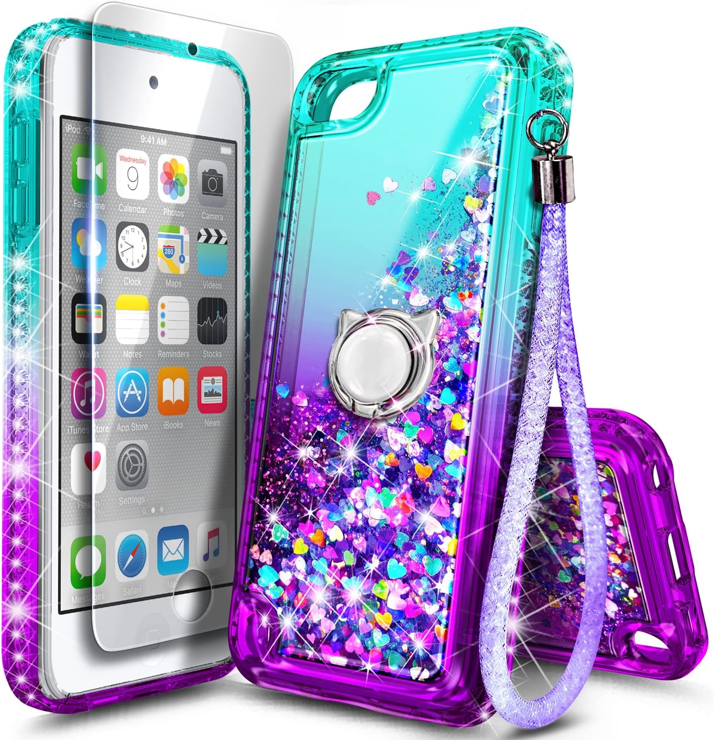 NGB iPod Touch Case with HD Screen Protector and Ring Holder for Girls Women Kids, Glitter Liquid Cute Case for Apple iPod Touch 7th/6th/5th Generation (Aqua/Purple)