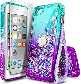 NGB iPod Touch Case with HD Screen Protector and Ring Holder for Girls Women Kids, Glitter Liquid Cute Case for Apple iPod Touch 7th/6th/5th Generation (Aqua/Purple)