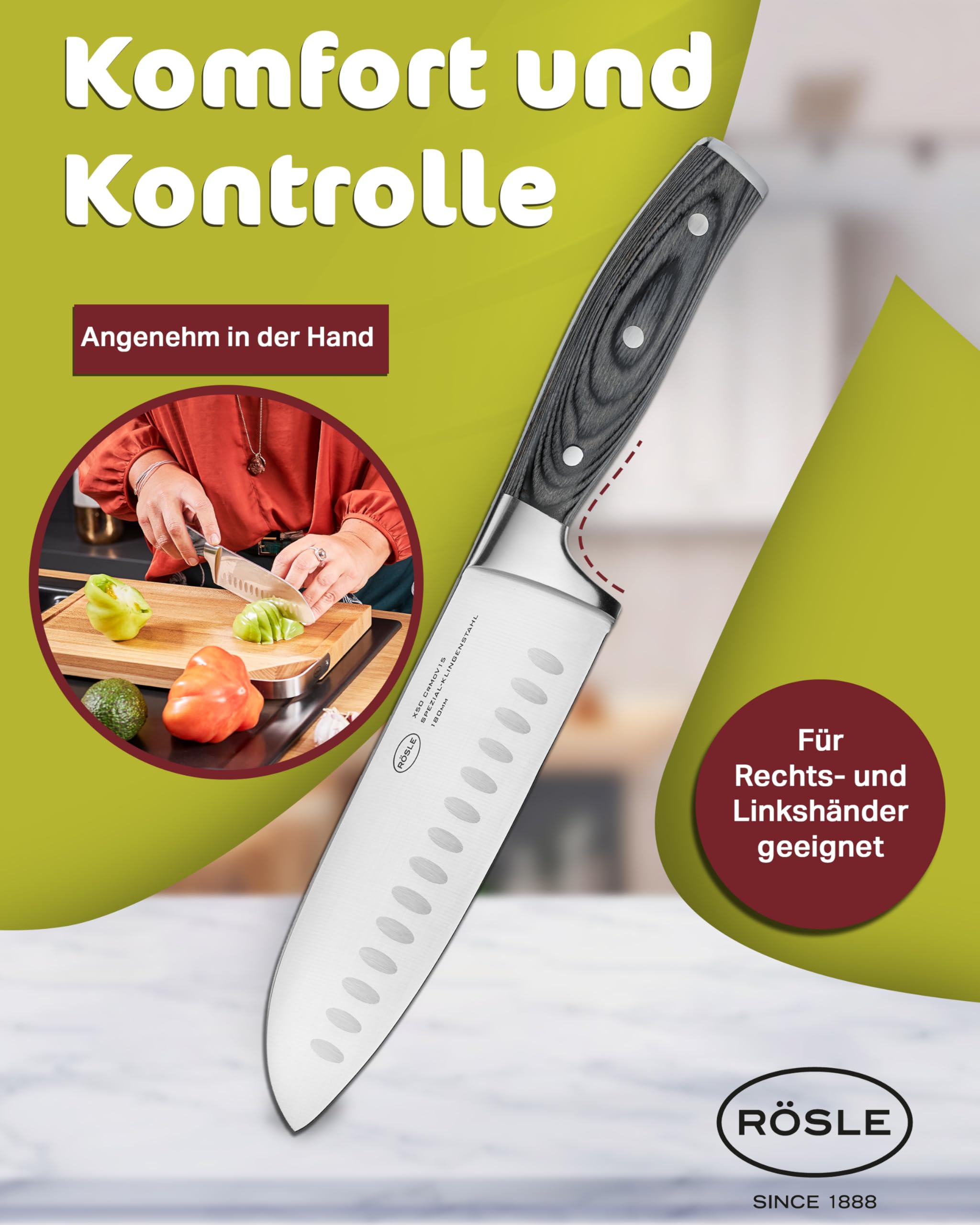 RÖSLE Santokumesser WOLFGREY 17,5 cm – Scharfes Küchenmesser & Kochmesser mit Kullenschliff – Santoku Messer, perfekt für Feines Schneiden, Würfeln und Hacken mit Leichtigkeit