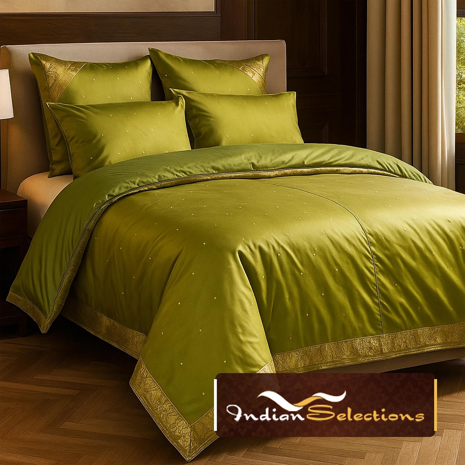 Indian Selections Olive Green - 5 Piece Handmade Sari Duvet Cover Set with Pillow Covers/Euro Sham - Full