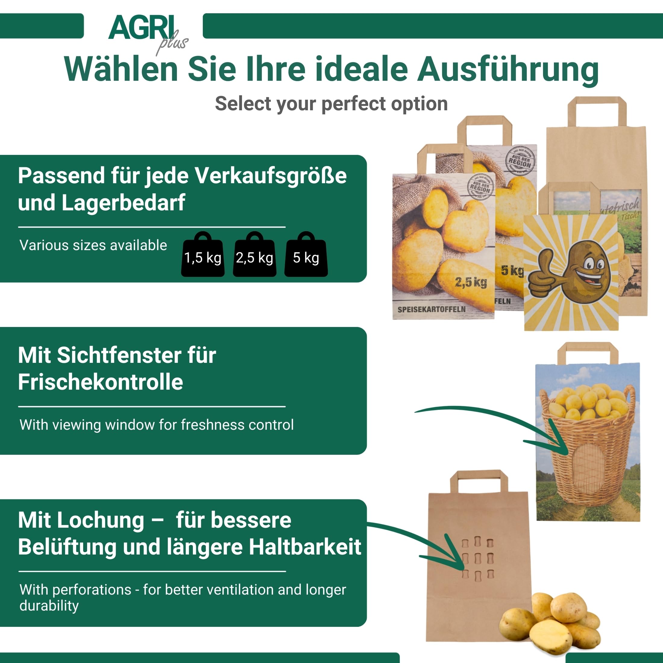 AGRI plus Kartoffeltüten "Kartoffeln aus der Region" 5 kg I 250 Stück I Biologisch abbaubare Papiertragetaschen in 220 x 100 x 360 mm I Robuste Kartoffeltragetaschen aus 90 g/m² Kraftpapier