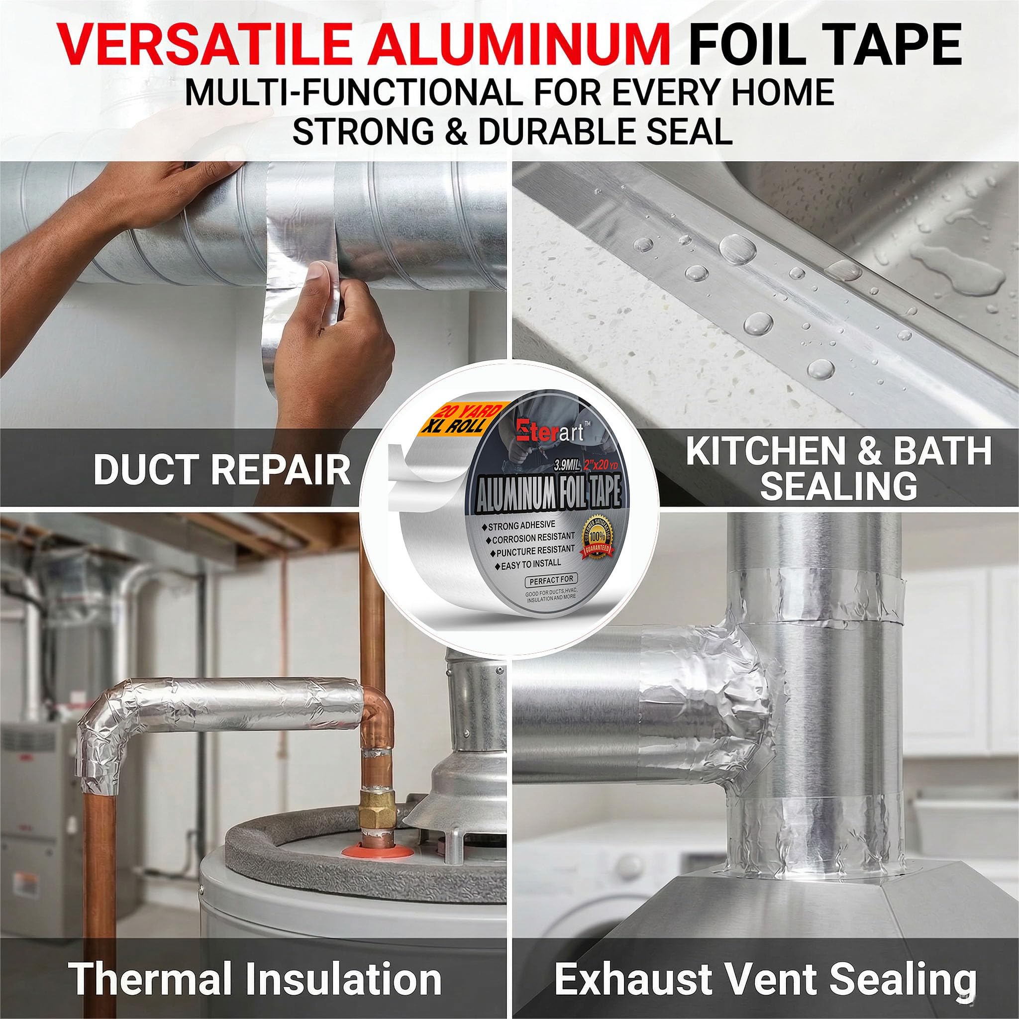 ETERART Alluminio Foil Duct Tape Heavy Duty,High Temperature Sealing and Patching,Perfect for HVAC,Air Ducts,Metal Repair,Foamboard,Insulation,Dryer Vent and More,2 Inches x 20 Yards,Silver