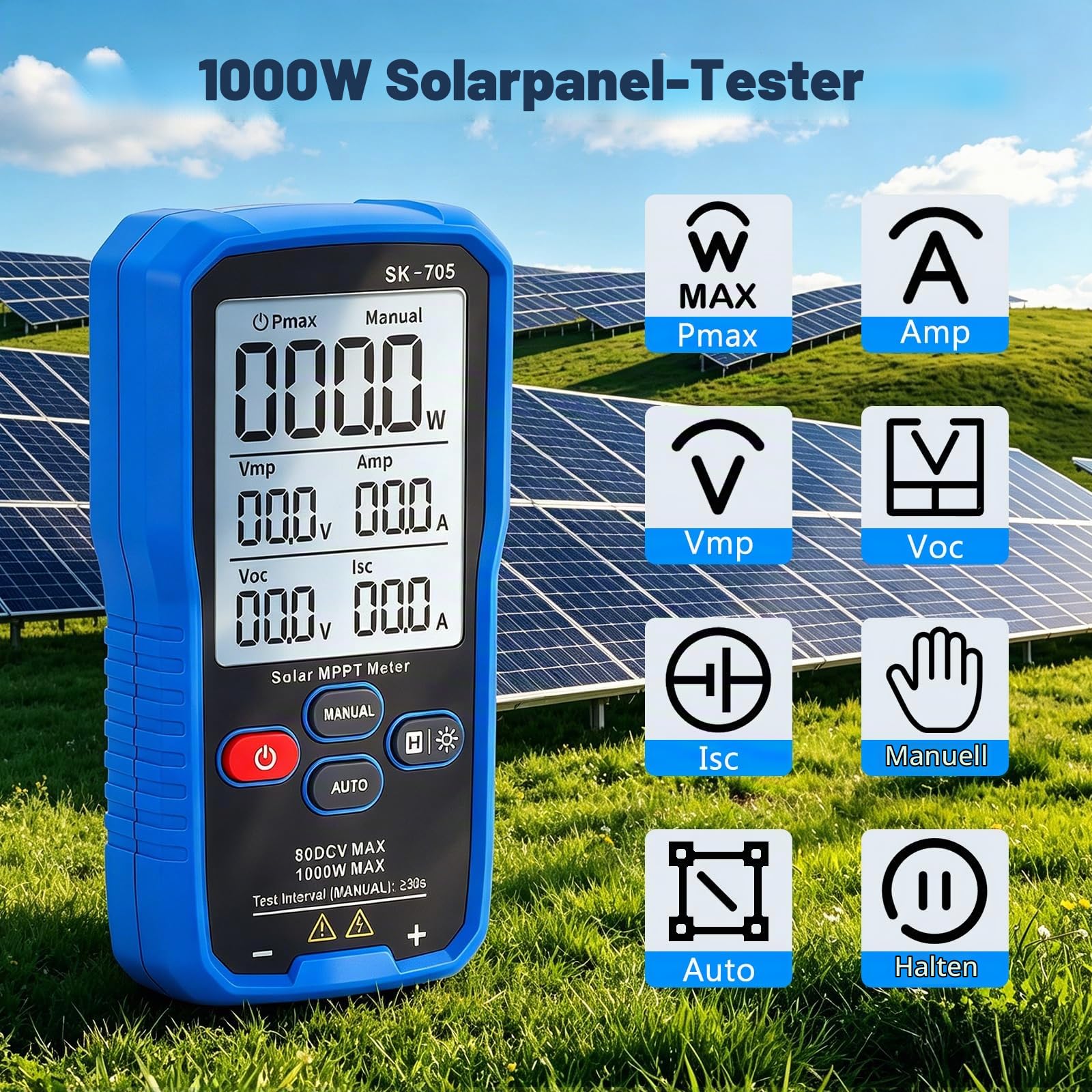 Solarpanel MPPT Tester, 1000W Photovoltaik Panel Multimeter mit LCD Display, Solarmodul-Leistungstester für Auto/Manuell Messung, Voc Isc Vmp Pmax Prüfung, Tragbarer Solarmessgerät