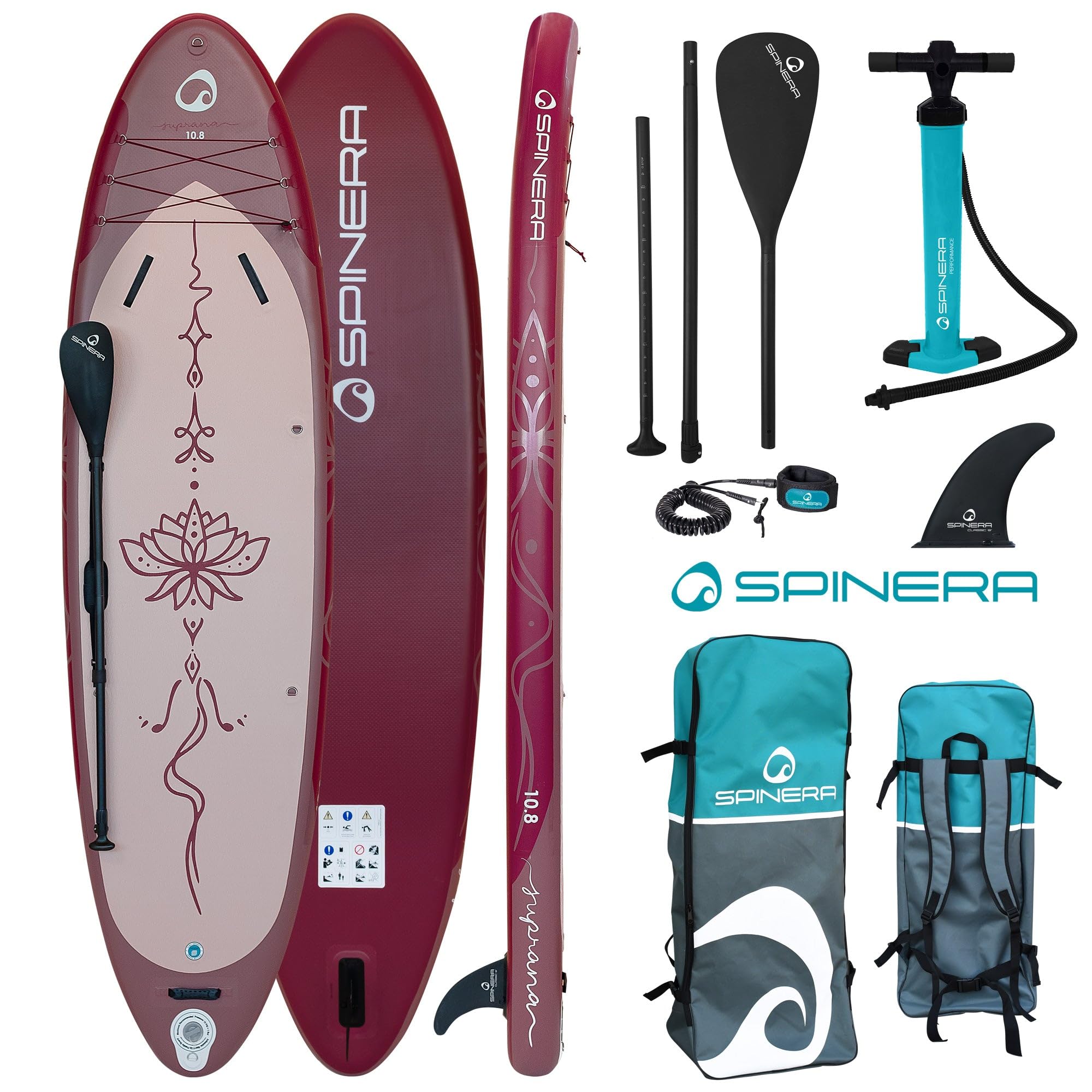 Spinera Suprana 10.8 SUP Board – Aufblasbares Yoga & Fitness Stand Up Paddle Komplettset – 325x86x15 cm – Inkl. Paddel, Pumpe, Rucksack, Leash & Tragegurt – Für Damen & Herren bis 150 kg