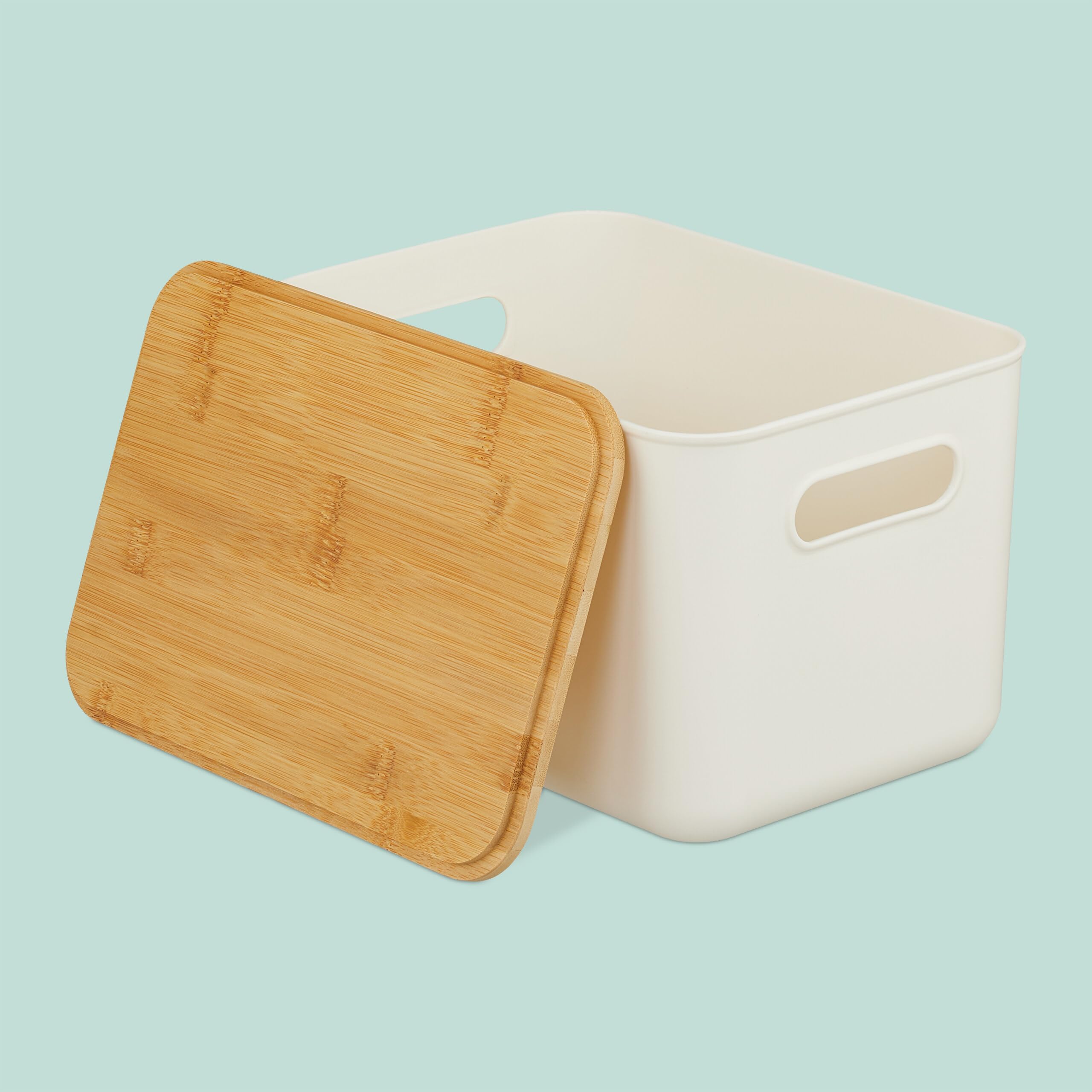 Relaxdays Caja de Almacenamiento con Tapa, Set de 4, plástico y bambú, Asas, 16x26x17.5 cm, Blanco