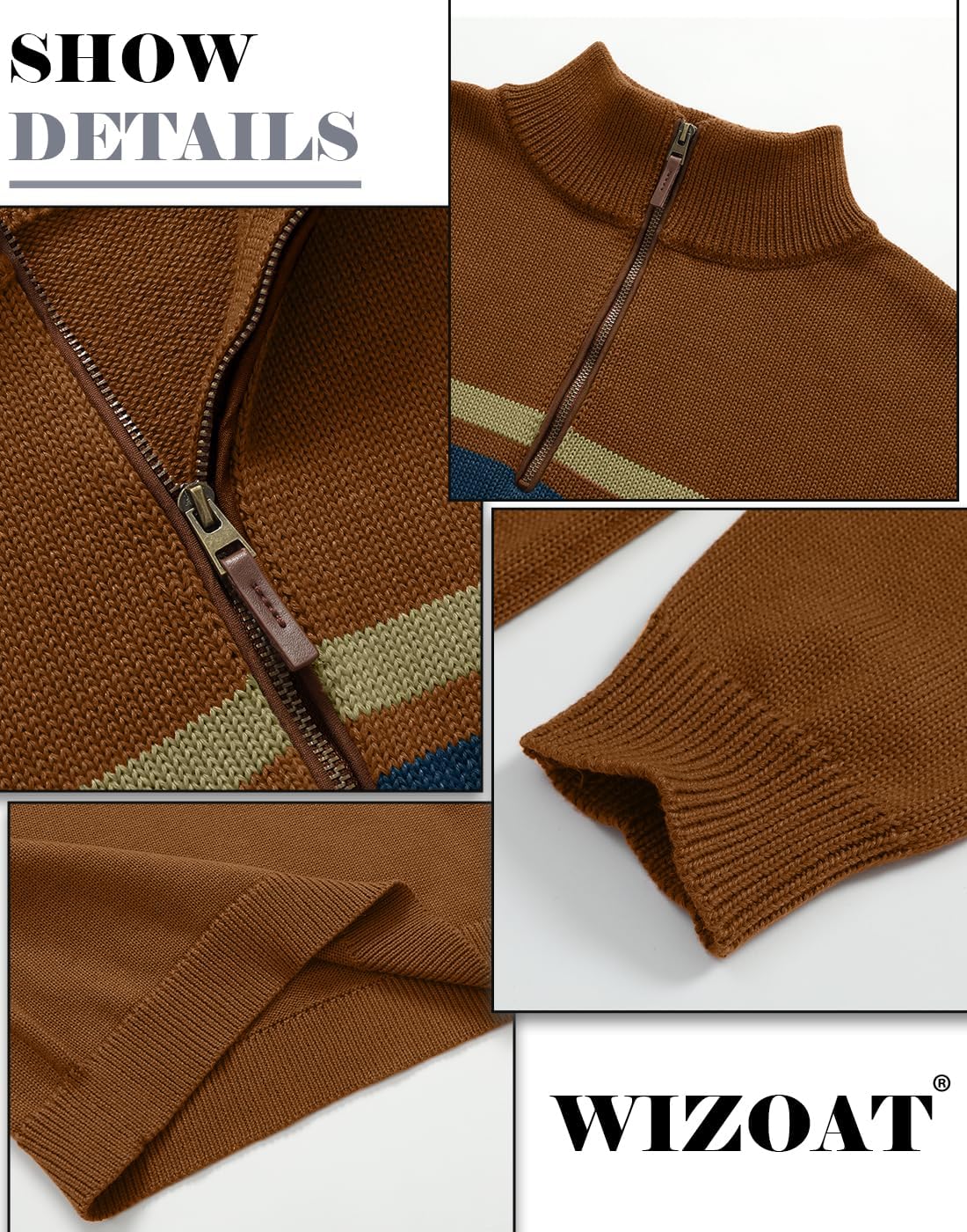 Mens Sweater Quarter Zip Sweater Casual Striped Long Sleeve Fall Winter Warm Polo Pullovers - Image 5