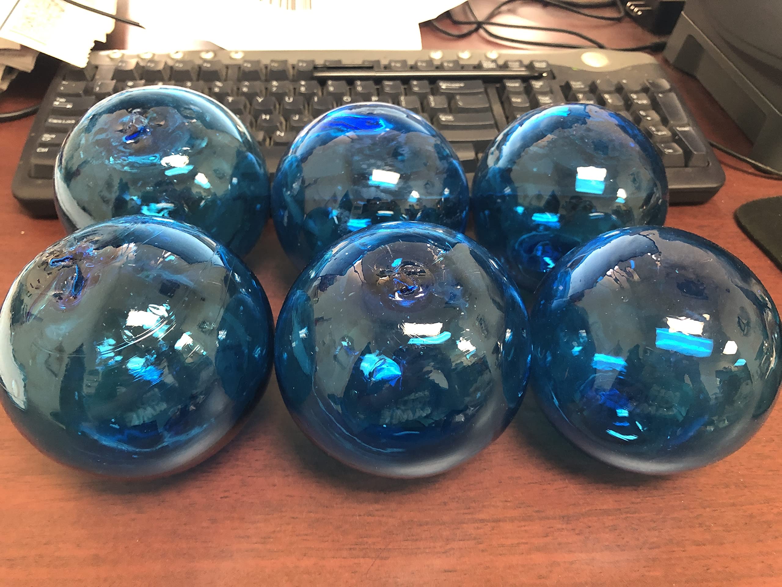 6 Pieces Light Blue Decorative Reproduction Blown Glass Float Fishing Buoy Ball 4