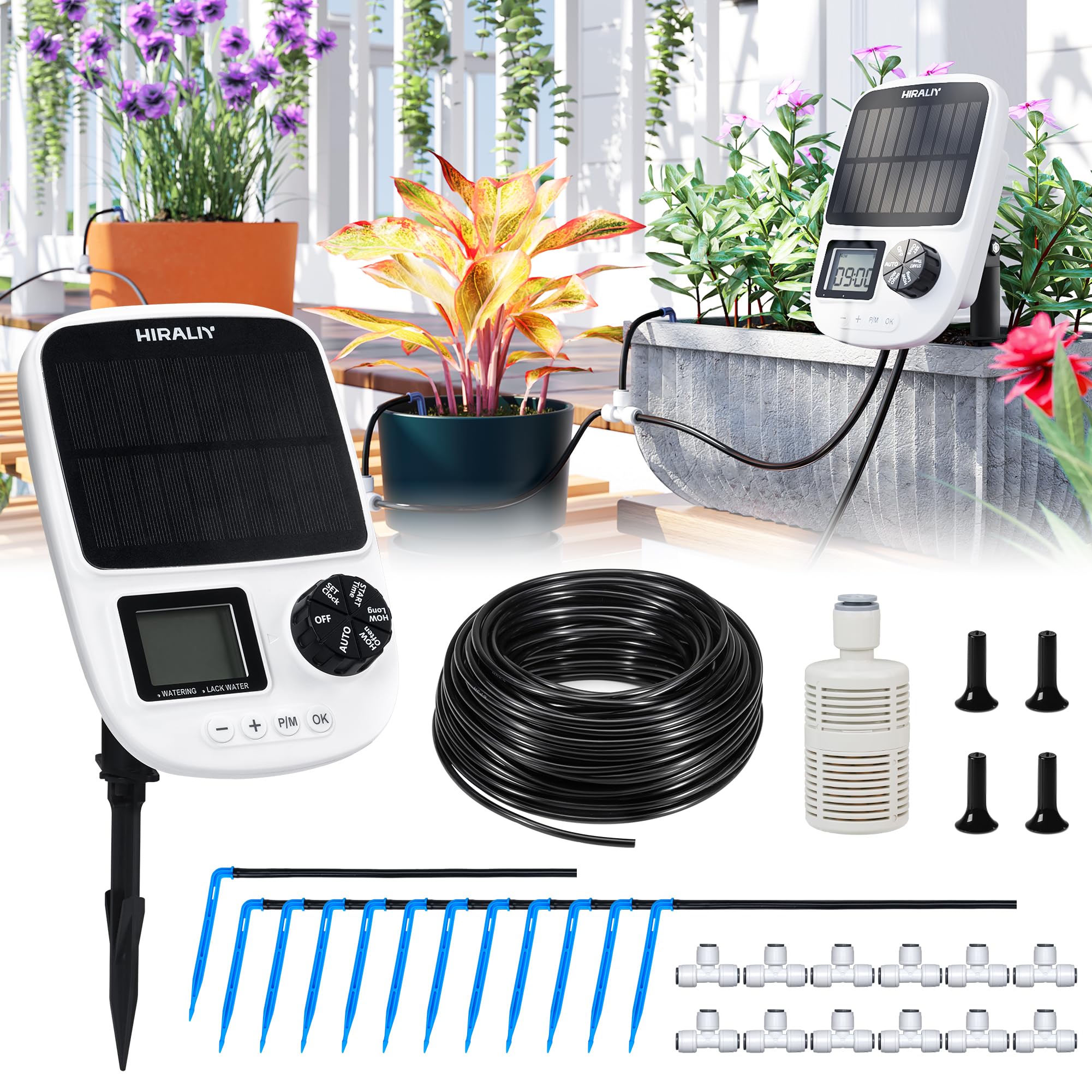 HIRALIY Solarbetriebenes automatisches Tropfbewässerungssystem, Bewässerungsgerät mit Timer für Topf- und Zimmerpflanzen, Tropfer-Erdspieße, mit USB-Anschluss, Bewässerungsset für den Innenbereich