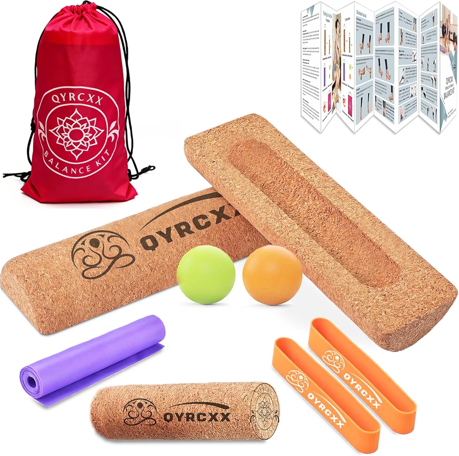Cork 4-in-1 Balance Board Kit with Massage Roller & Ball, Toe Resistance Bands, Storage Bag & Exercise Guide - Plantar Fasciitis Recovery, Physical Therapy, Prevent Falls & Enhance Mobility