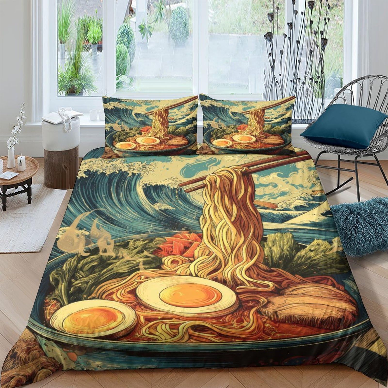 Parure de lit hypoallergénique Ramen Bowl style japonais pour grand lit 260x220cm sans repassage