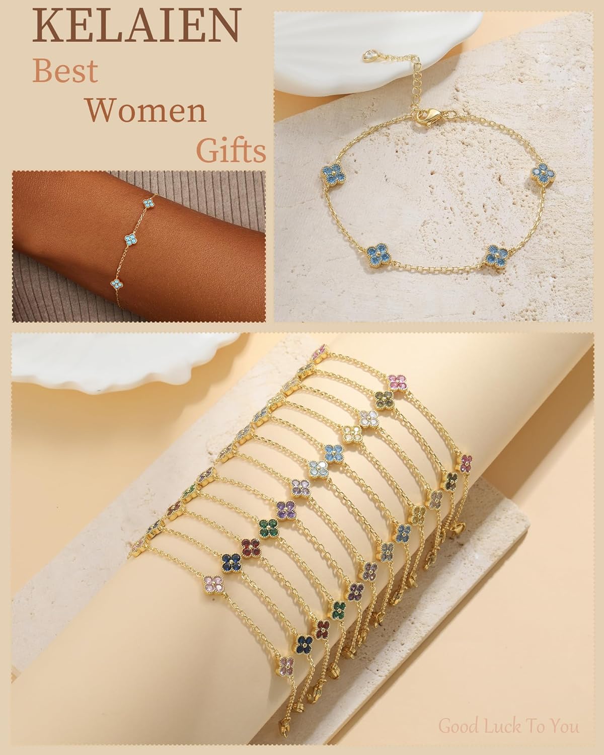 Birthstone Gold Clover Bracelet Dainty 14K Gold Plated Cute Friendship Stackable Bracelets for Women No Tarnish Trendy Charm Best Friend Bracelet Stack for Birthday Jewelry - Image 4