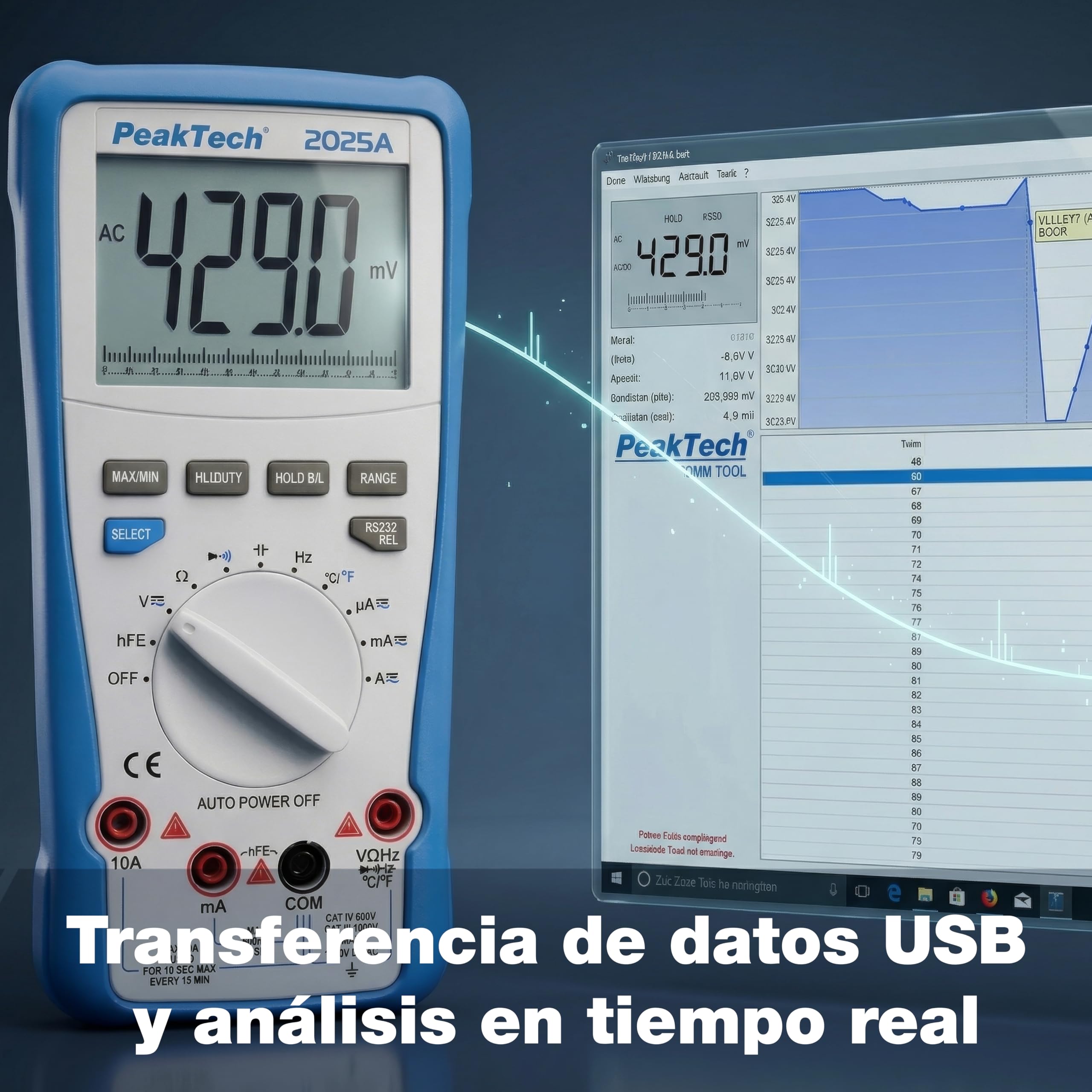 PeakTech 2025 A - Multímetro digital de verdadero valor eficaz, 6.000 cuentas, interfaz de datos integrada con software, medidor de resistencia, capacitancia, continuidad, 1000V - 10A AC/DC - CAT III