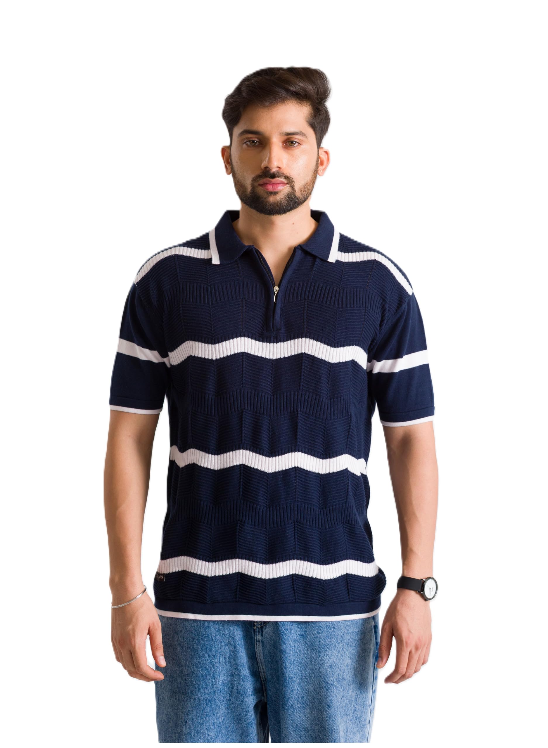 Knitted Navy Blue Polo T-Shirt for Men with White Curvy Stripe Design | Textured Jacquard Pattern Collared Half Sleeve Polo Tee | Regular Fit Casual Wear-picture-32