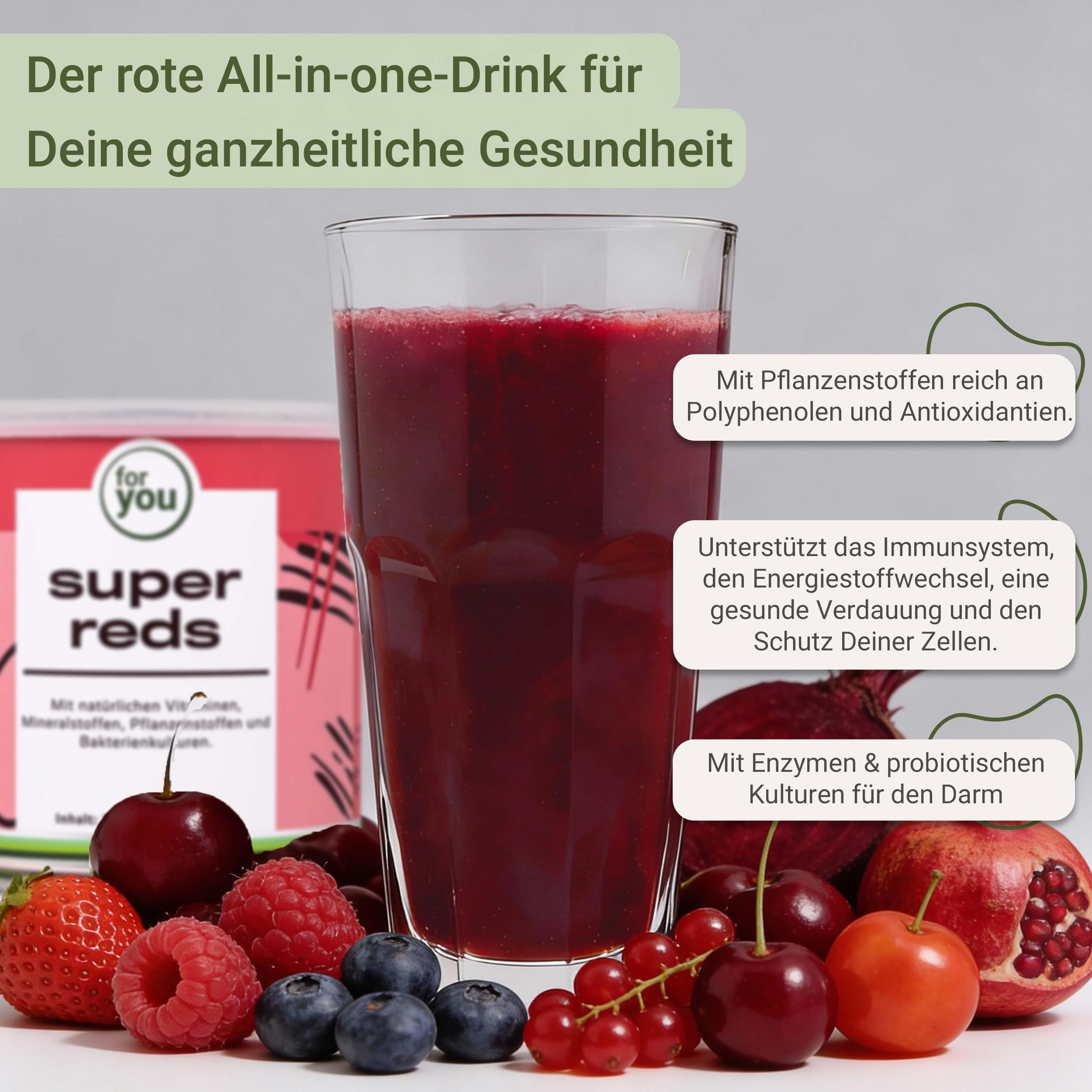 for you super reds - Der rote All-in-one-Drink für Deine ganzheitliche Gesundheit - mit natürlichen Vitaminen und Mineralstoffen, Q10, Pflanzenstoffen und Bakterienkulturen - 300g Pulver