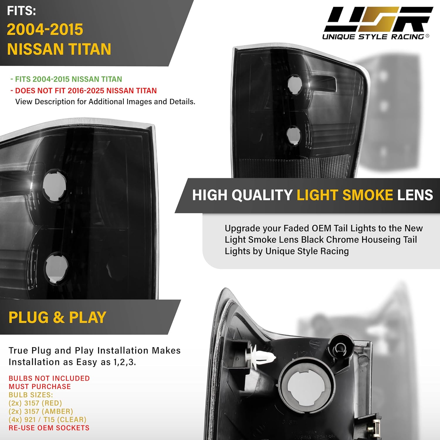 USR 04-15 A60 PickUp Tail Light – Rear Tail Lamps (Left + Right) Pair - Compatible with 2004-2015 Nissan Titan Pick Up Truck All Models/XE/SE/LE (LIGHT SMOKE LENS with BLACK CHROME HOUSING)