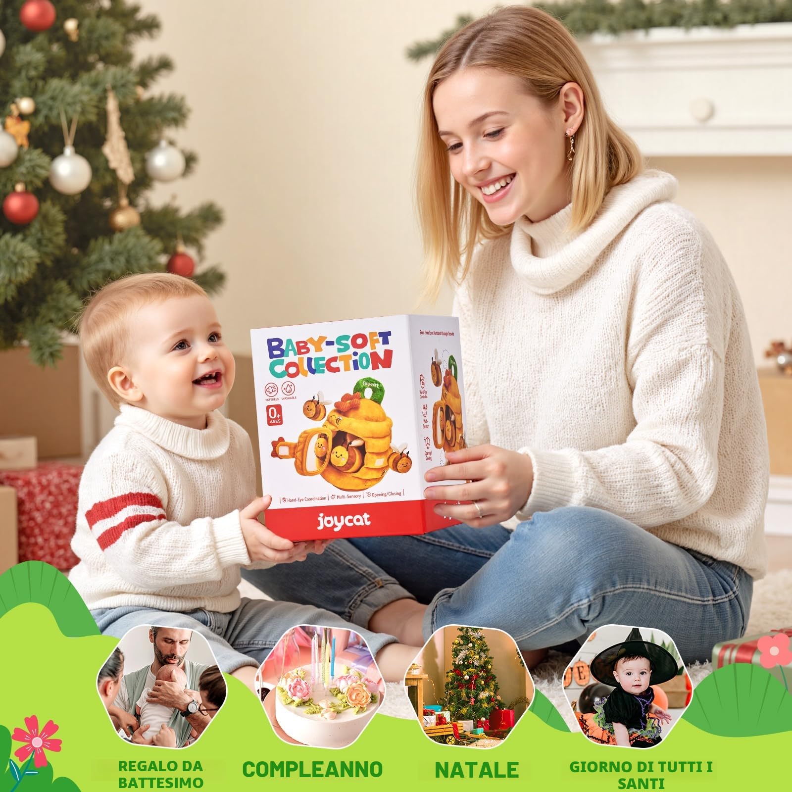 JoyCat Giochi Neonato 6-12 Mesi, Baby Alveare Morbido con 5 Api di Peluche, Sonaglio e Specchio, Giochi Montessori 6 8 9 Mesi, Gioco Bambino Sensoriale Regalo Bimbo Bimba 1 Anno