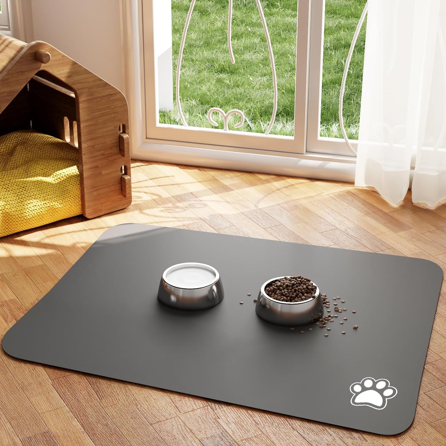 REDMART Pet Feeding Mat for Dogs & Cats - Absorbent Food & Water Bowl Mat - Non-Slip Stain Resistant Floor Protector for Messy Eaters (Dark Grey, Paw Print (60x40 CM))
