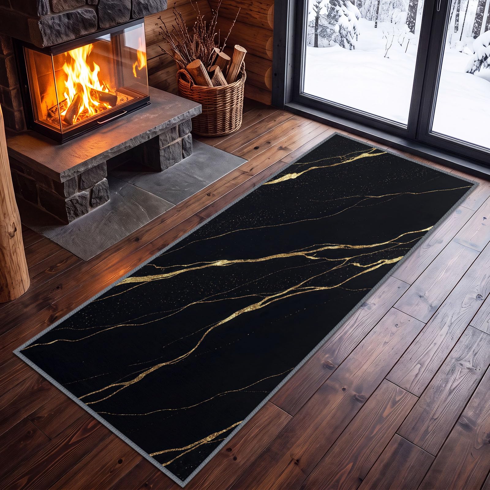 Dywan do przedpokoju Długi 50 x 140 cm Luksusowa Tekstura Złoty Liść Dywan