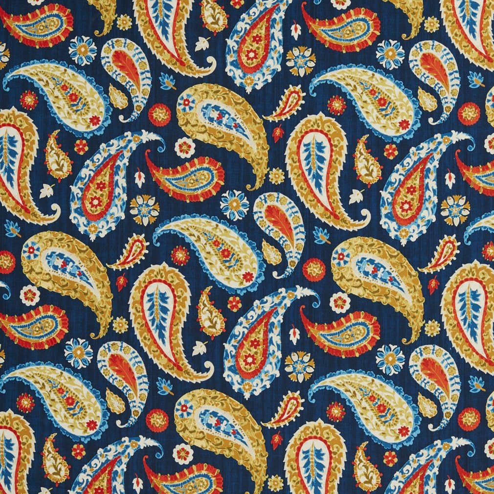 Blue, Red and Gold Large Paisley Print Upholstery Fabric by The Yard - SKU: Eugene Indigo
