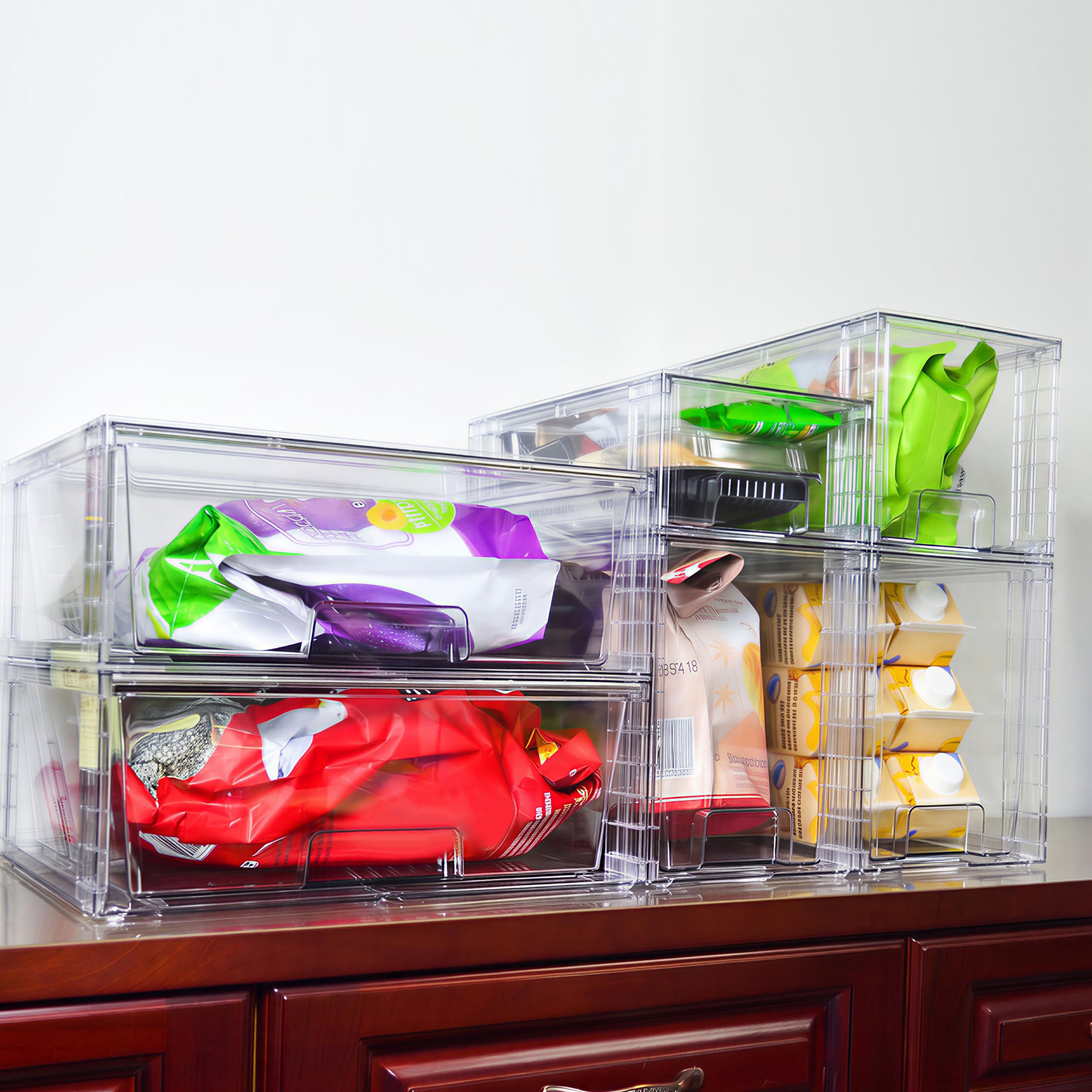Lot de 2 Tiroirs de Rangement Empilables Transparent Petit Modèle, Organisateurs Acrylique avec Poignées, pour Réfrigérateur, Salle de Bain, Cuisine, Placard, Rangement Garde-Manger