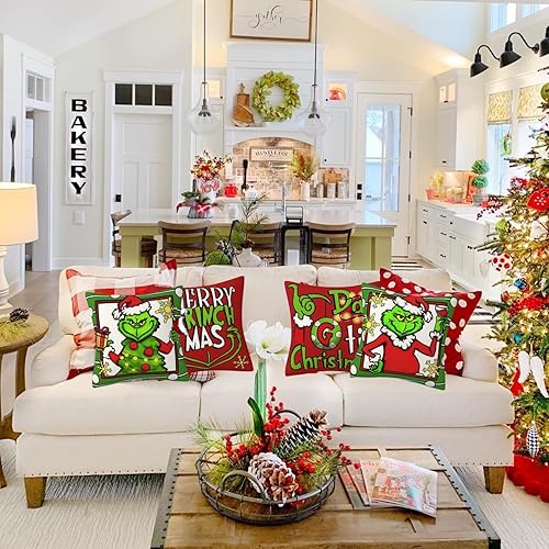 Miniatura 4 de Juego de 4 fundas de almohada navideñas de 18 x 18 pulgadas, decoración navideña, fundas de almohada de Navidad, para el hogar, dormitorio, sofá (C)