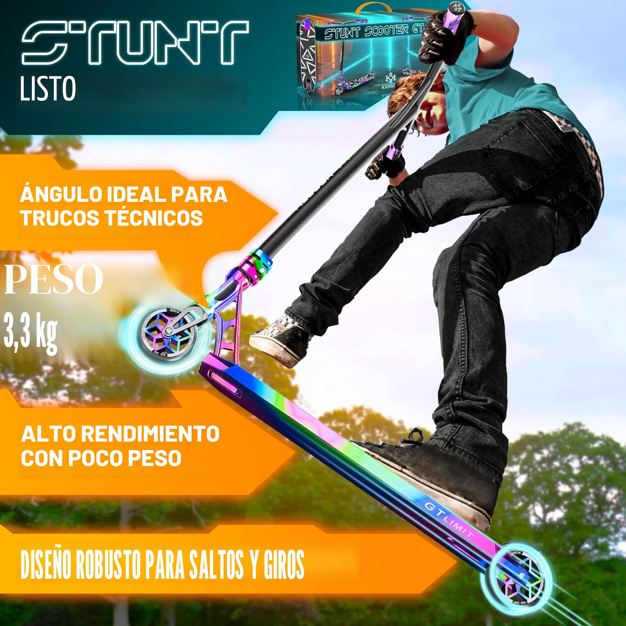 KESSER® Patinete acrobático GT-Limit, Patinete Divertido con dirección de 360Ḟ, Patinete acrobático con Soporte, rodamientos de Bolas ABEC 9, Ruedas de PU de 110 mm, Patinete Scooter