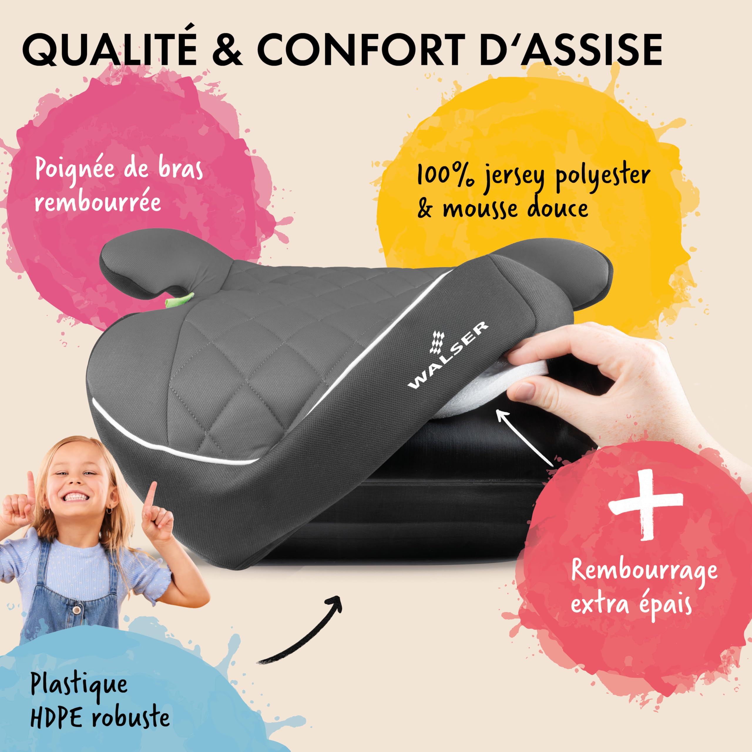 WALSER Premium Rehausseur de siège enfant voiture, siège enfant voiture Andy 125-150 cm, rehausseur de place junior auto dernière norme 2024 ECE R 129 gris