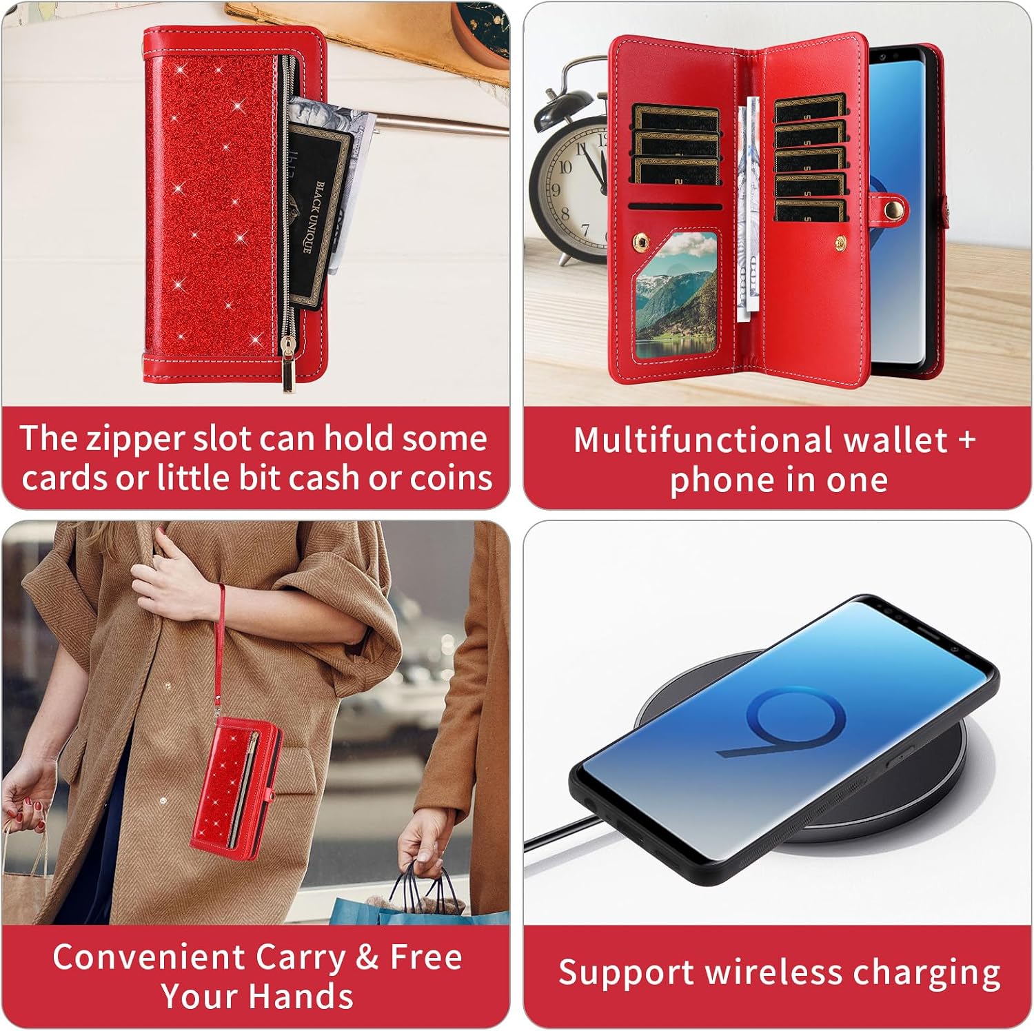 Asuwish Phone Case for Samsung Galaxy S9 Zipper Wallet Detachable Cell Cover with Tempered Glass Screen Protector Crossbody Lanyard Strap Bling Glitter Flip Card Holder Slot S 9 Edge 9S GS9 Women Red