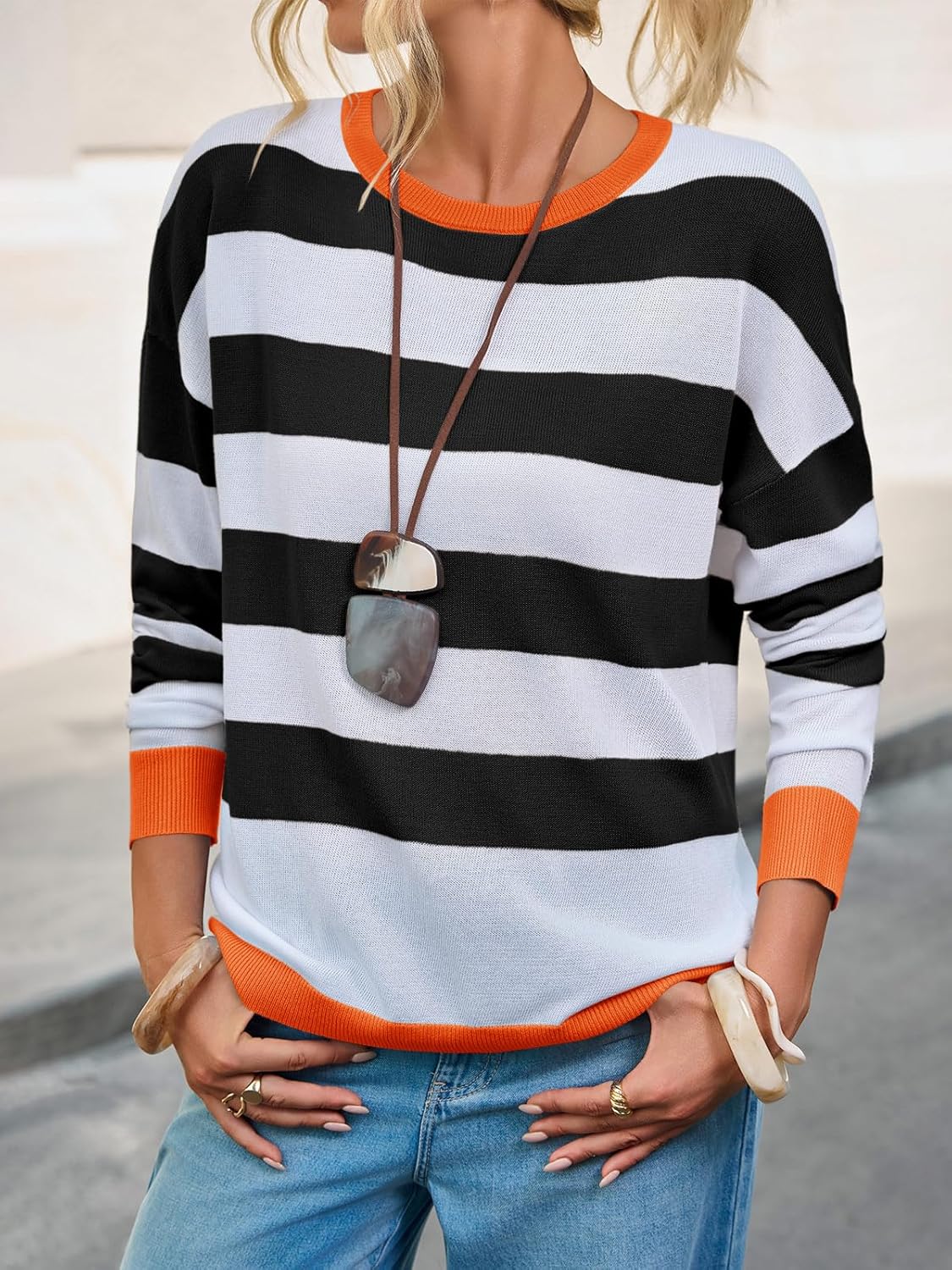 Yousify Womens Long Sleeve Color Block Shirts Casual Loose Fit Striped Tops Knit Lightweight Pullover Sweaters - Image 5