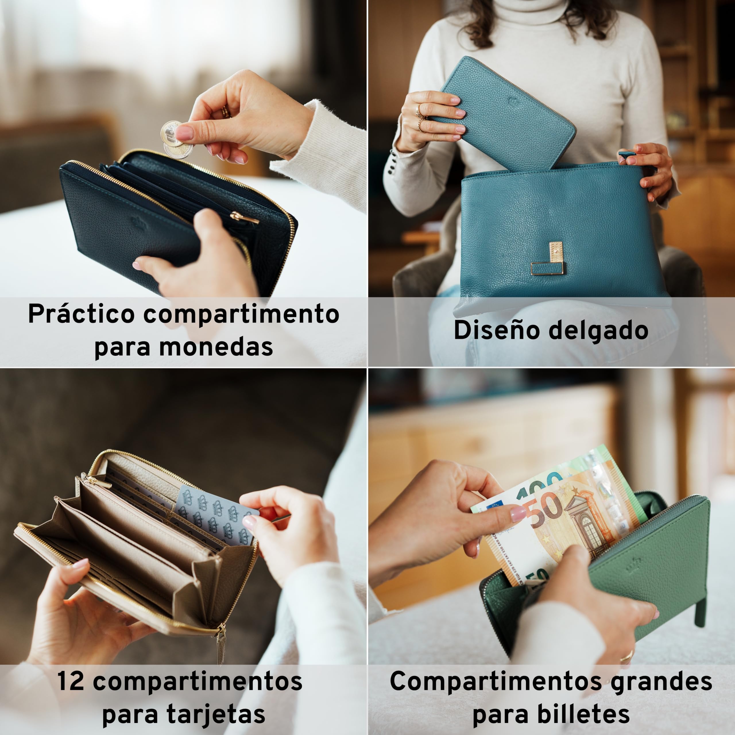 Baur - Cartera de piel auténtica para mujer | Cartera con protección RFID | Cartera grande con muchos compartimentos para tarjetas | Cremallera completa | Monedero para mujer, Negro , 19,7 x 10 x 2,5