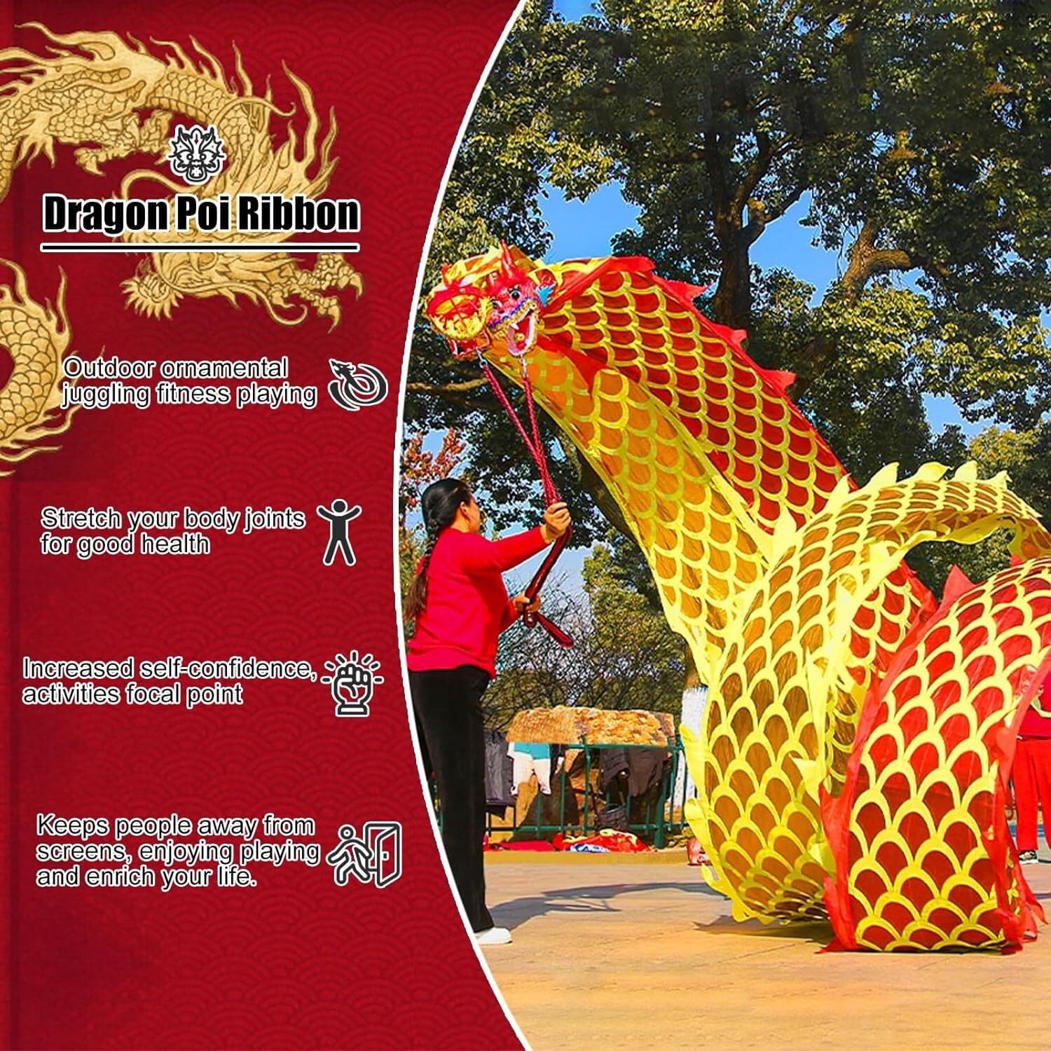 TFG - Ttfd Dancing Dragon with Scales and Head, Outdoor Juggling Flinging Dragon Streamers, Flowing Silk Dragon Dance Ribbons(Blue,10 m (33 ft))