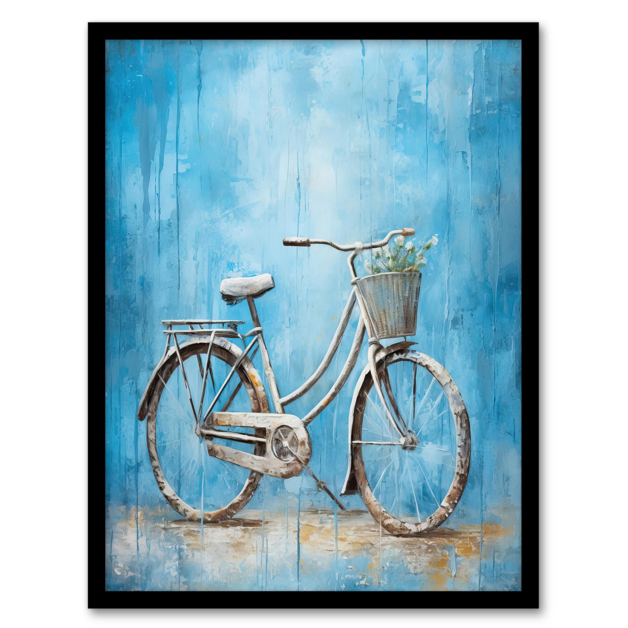 Artery8 Simple Elegant Single Bicycle On Blue Modern Contemporary Detailed Flower Basket Artwork Framed Wall Art Print A4