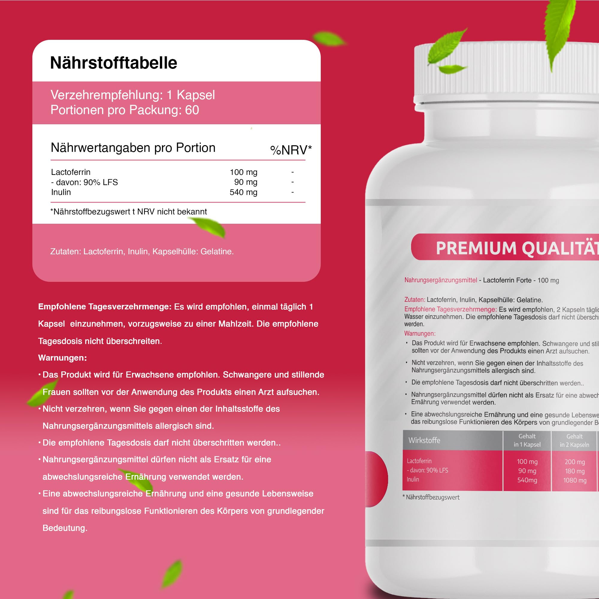 Lactoferrin 100 mg - 60 Kapseln - Unterstützt die Eisenaufnahme und die Immunfunktion Lactoferrin Nahrungsergänzungsmittel für Erwachsene