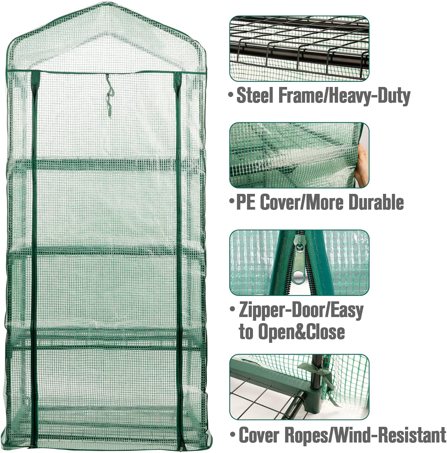 Worth Garden 4 Tier Mini Greenhouse - 63'' H x 27'' L x 19'' W - Sturdy Portable Gardening Shelves with Durable PE Cover w/ Roll-Up Zipper Door- Small Green House Indoor & Outdoor for Plants Flowers