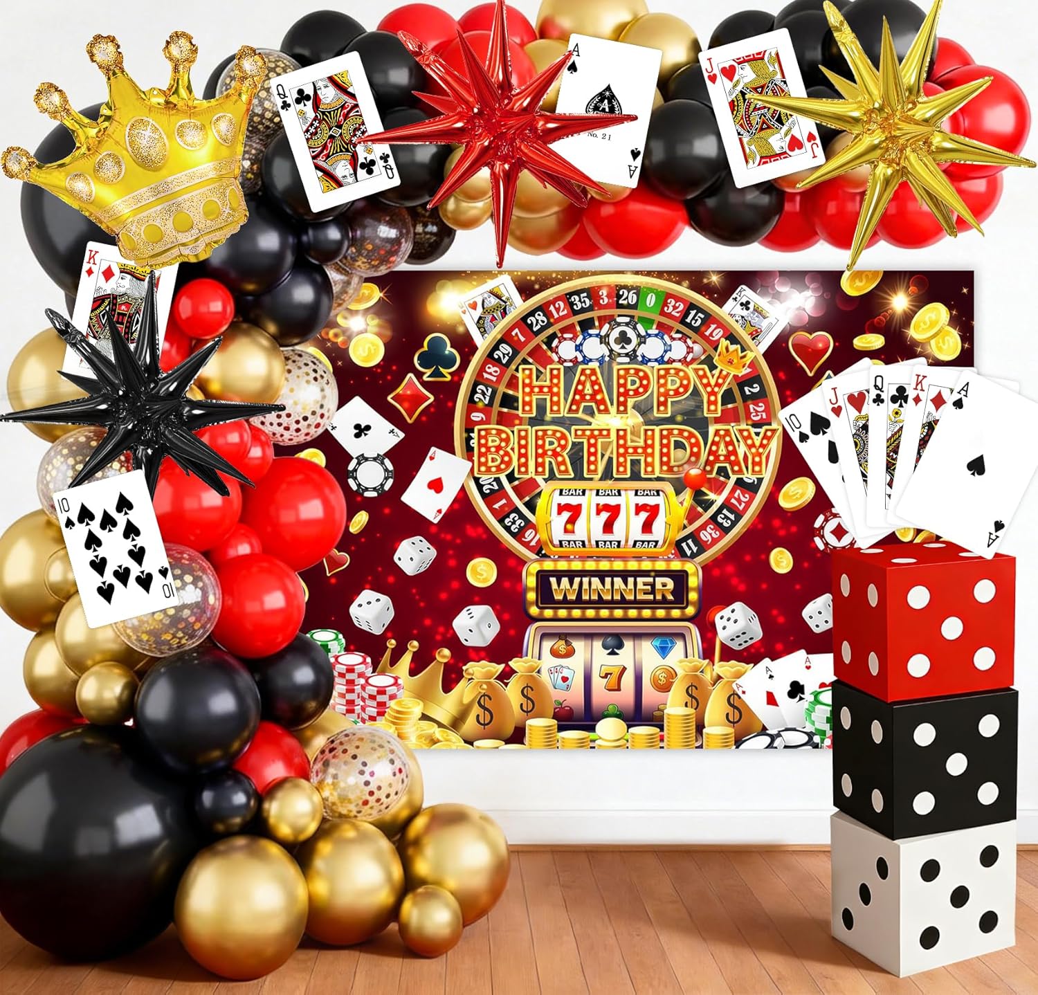128 Pcs Casino Theme Party Decorations Kit for Casino Night & Adult Birthday Party, Deluxe 59" Fabric Backdrop & Balloon Arch, 3 Large Dice Boxes, Poker Cards for Las Vegas Theme Event