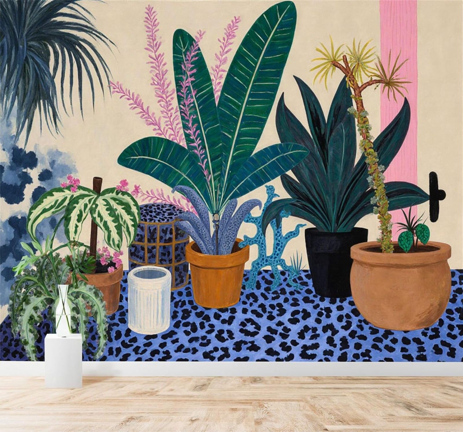 XLMING Beautiful Colourful Tropical Potted Plants Pattern 3D Wallpaper Silky Texture Home Study Office Grey Dining Room Sofa Bedroom Living Room TV Backdrop-400cm×280cm