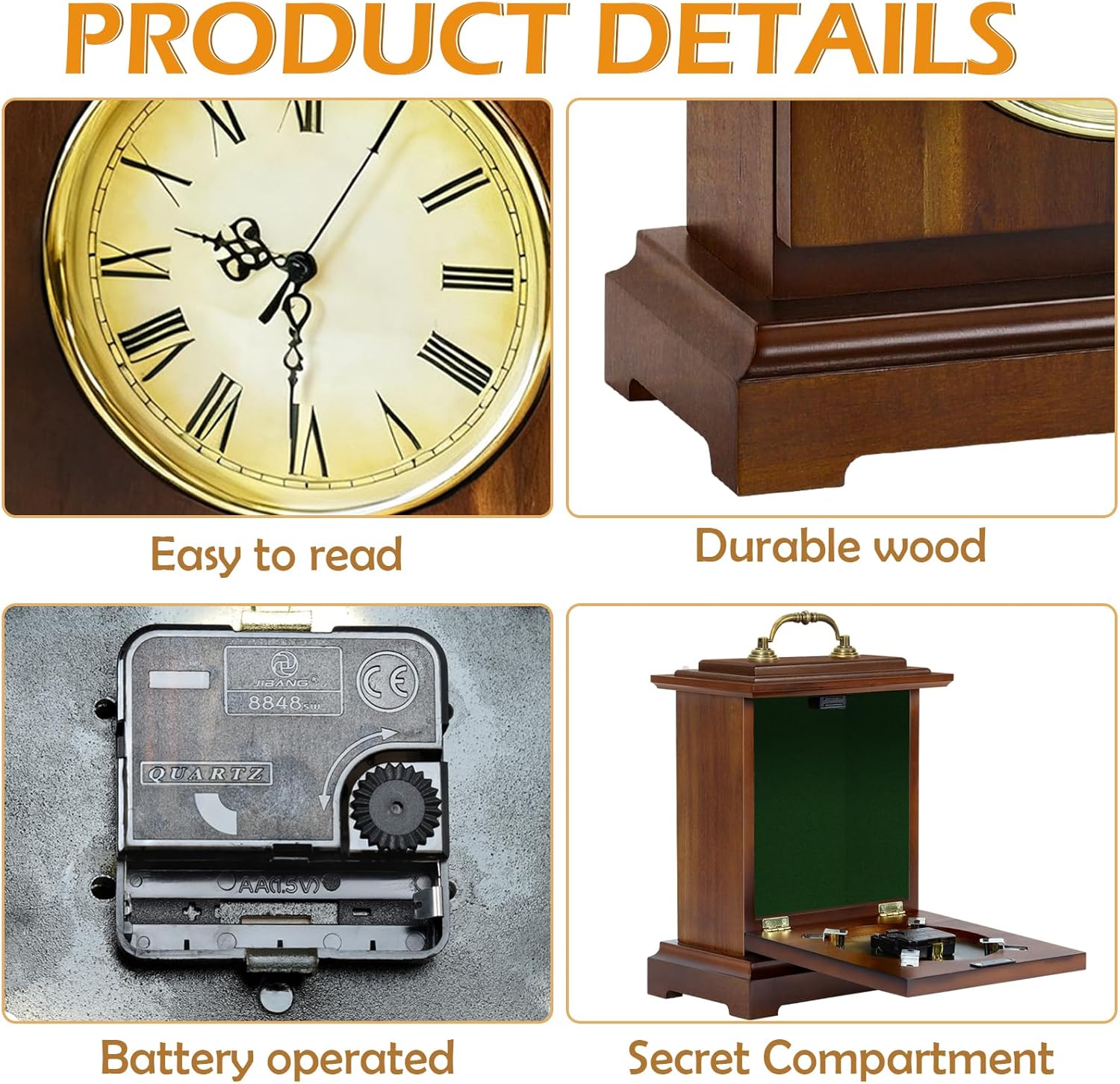 Shinoske Mantel Clock Battery Operated with Hidden Safe,Secret Compartment for Cash,Jewelry,Rings,Watches,Vintage Wooden Small Table Clock for Living Room,Fireplace,Home Decor,Rustic Brown