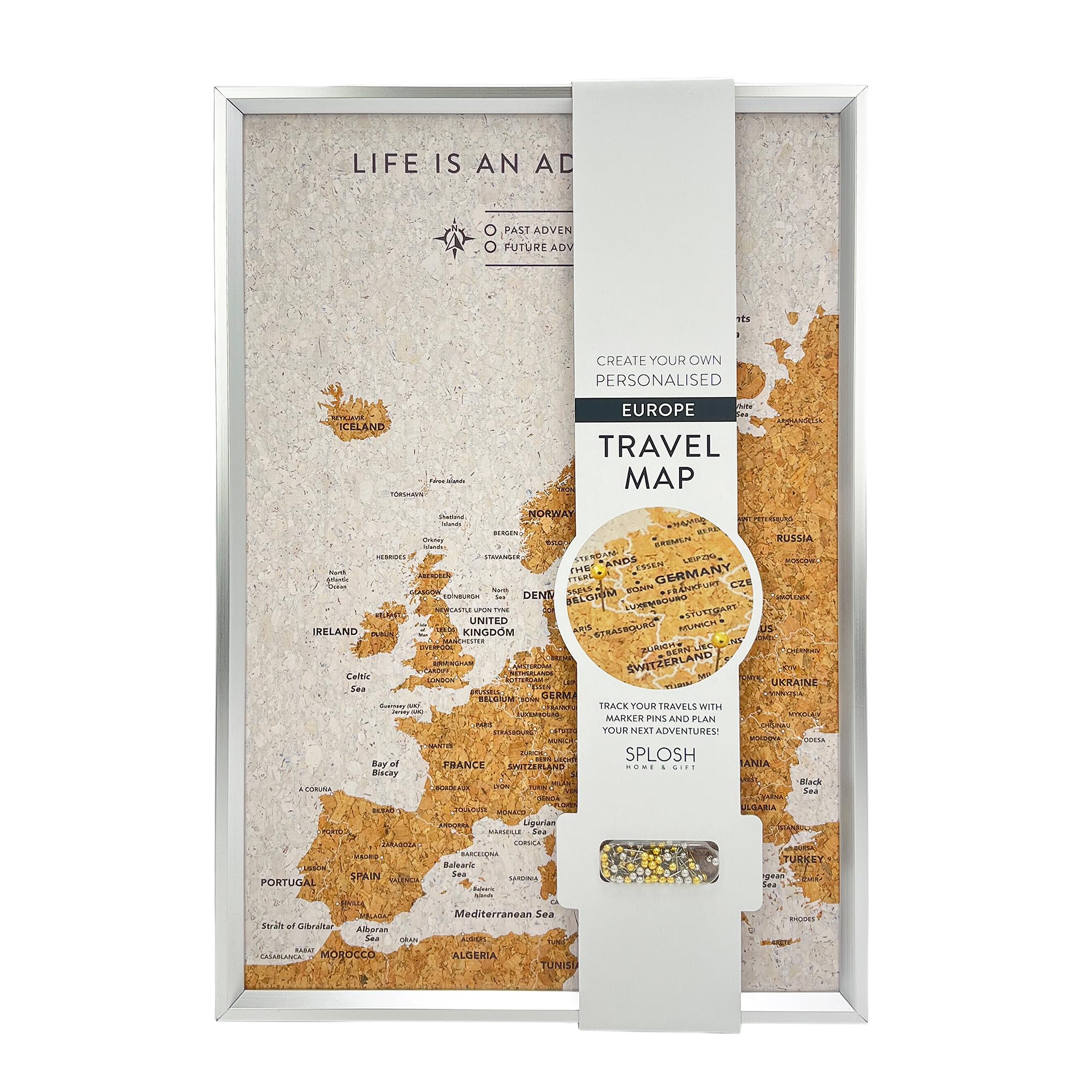 Splosh Europe Travel Map Pin Board - White Cork with Silver Frame XL Framed Holiday Travel Tracker Bucket List Gift with 100 Push Pins for Marking Past and Future Adventures Desk or Wall 45 x 31 cm