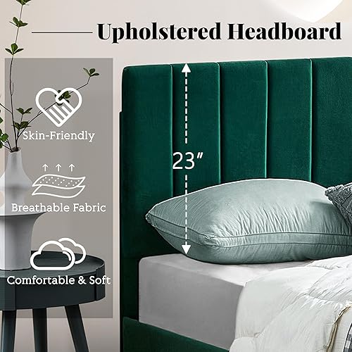 Miniatura 5 de Dolonm Cama de plataforma tamaño Queen con cabecera tapizada y soporte de listones, tela de terciopelo, base de colchón resistente, no requiere