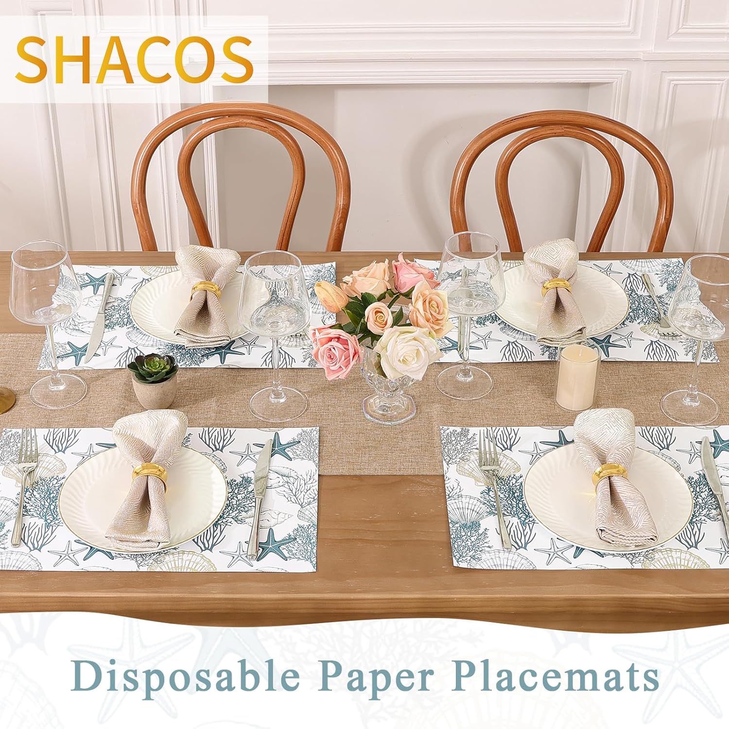 SHACOS 50 pcs Coastal Paper Placemats 11x17 inch Starfish Sea Shell Coral Disposable Paper Place Mats for Dinner Wedding Birthday Party Beach Ocean Nautical Table Decoration (Pack of 2)