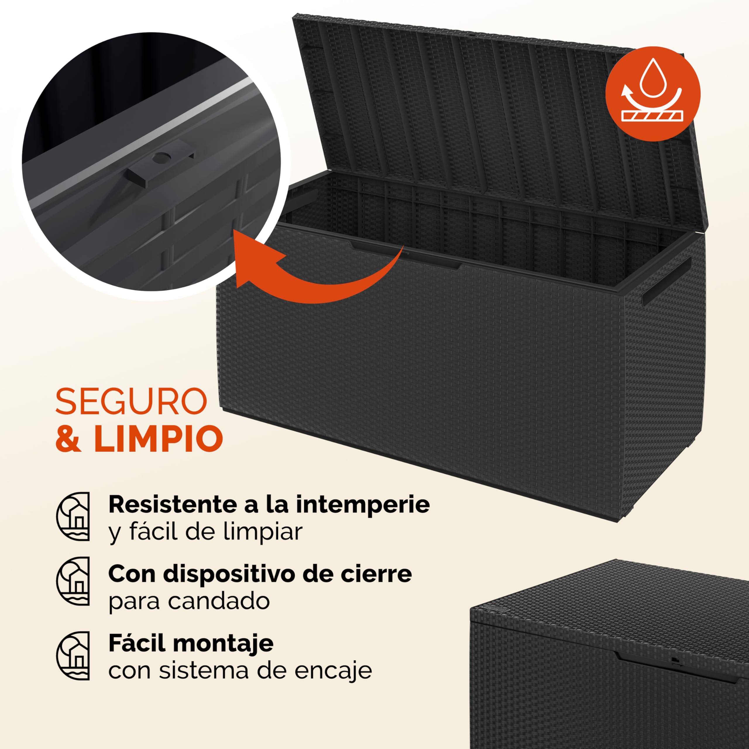 Deuba® Baúl de Almacenaje Capri Antracita 305L 240kg Cofre de Cojines Arcón de Jardín con Ruedas Sistema Smart Click