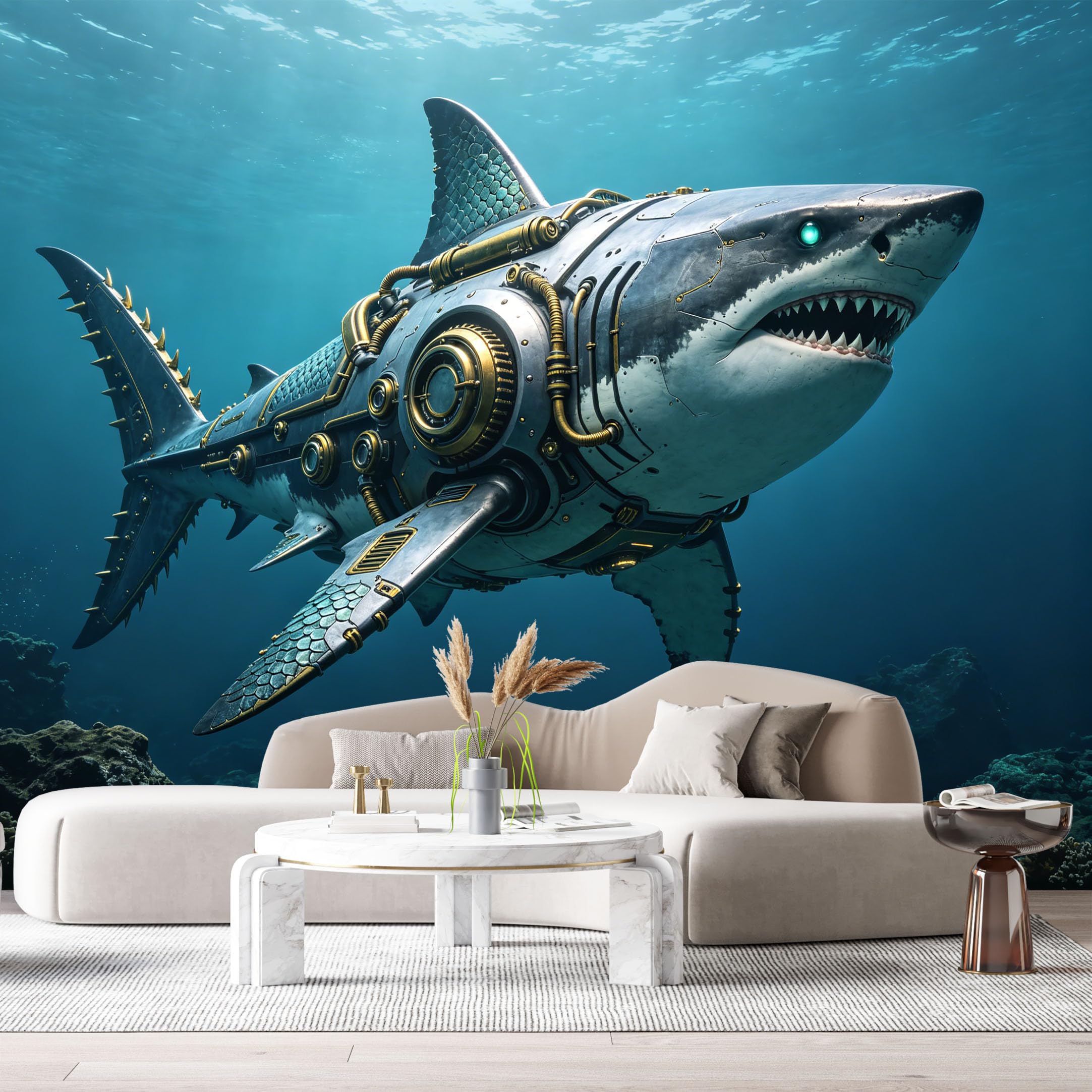 Custom Size Wall Mural Mechanical Aquatic Predator Steampunk Ocean Robot SciFi Marine Machine 3D Style SelfAdhesive Art Prints Removable Large Wallpaper Esports Game Room Tenant Room Studio