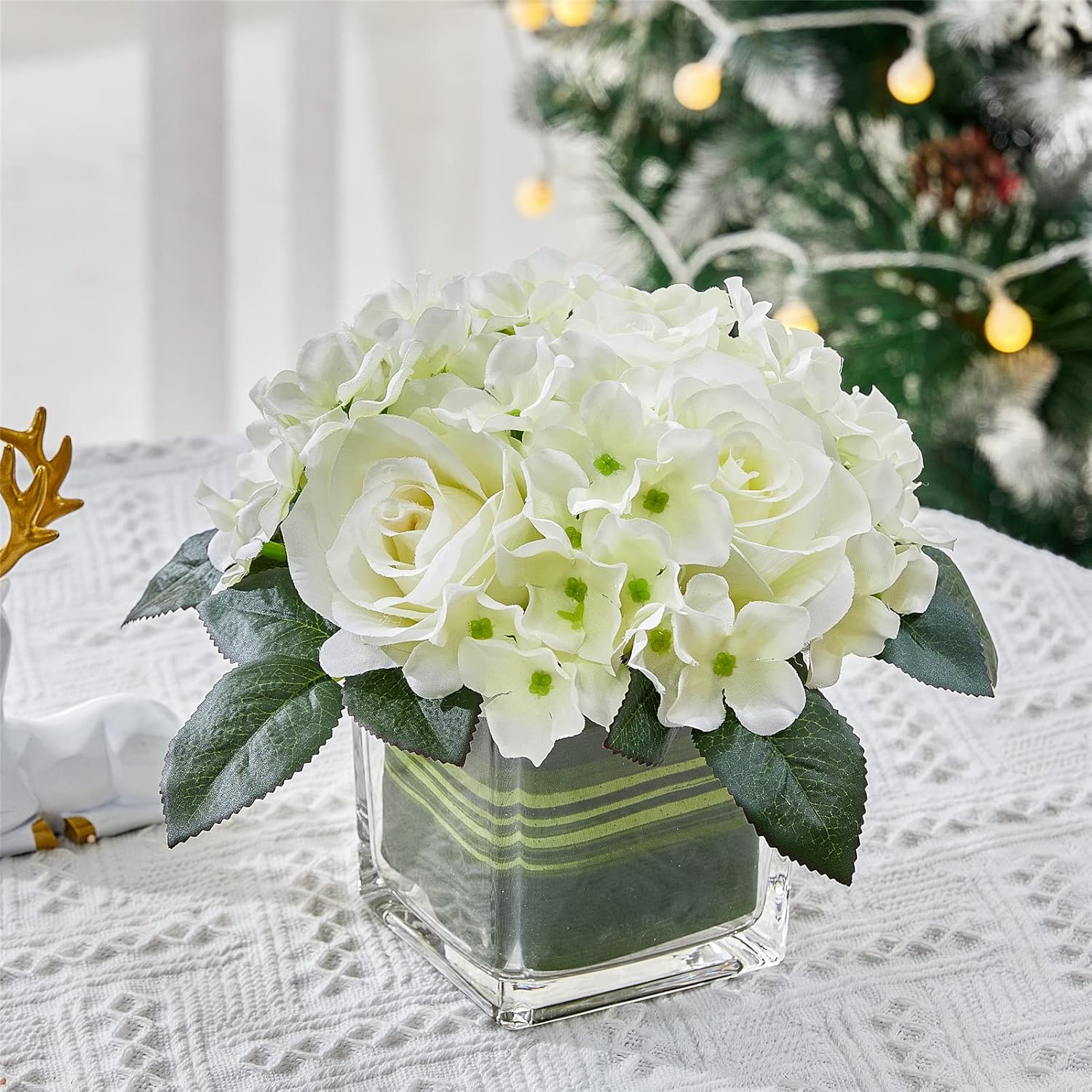 Fule Artificial Silk Rose Flower Centerpiece Arrangement in vase for Home Wedding Decoration (Spring White) - Image 6