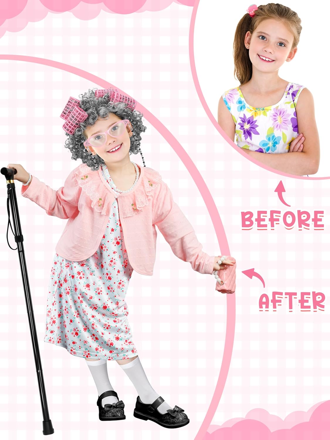 Luces 100 Days of School Costume for Kids, Old Lady Dress Up for Girls, 100th Day School Granny Wig Accessories Outfit - Image 6