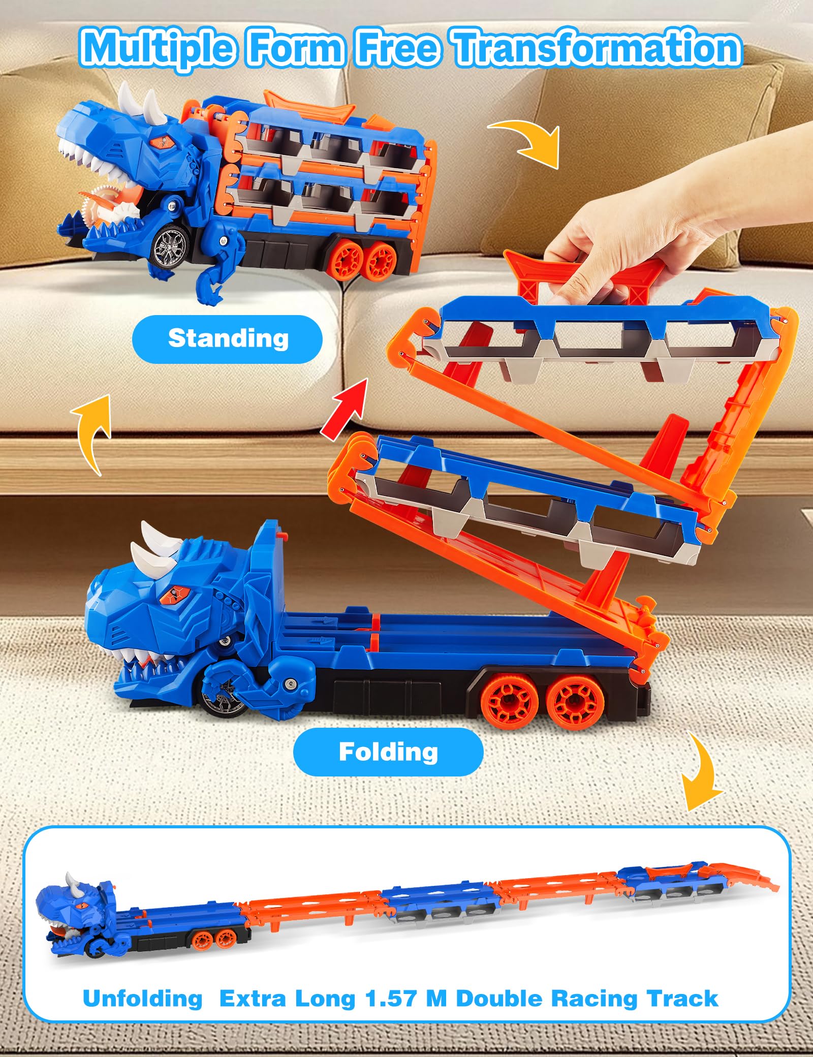 Dinosaurier Transport Truck Spielzeug ab 3 4 5 6 Jahre, 157cm Faltbare Autorennbahn Spielzeugauto mit 6 Rennautos, Tragbares Transporter Spielset Auto Spielzeug Geschenk für Jungen Kinder Mädchen