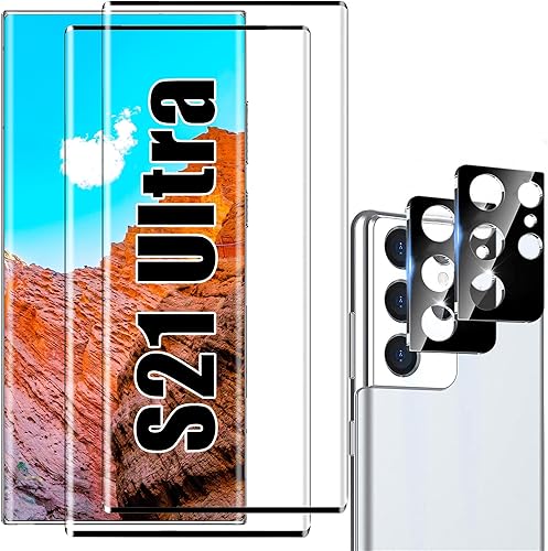 Paquete de 2+2 Protector de pantalla para Galaxy S21 Ultra, vidrio templado 9H, incluye dos protectores de lente de cámara, compatible con huellas