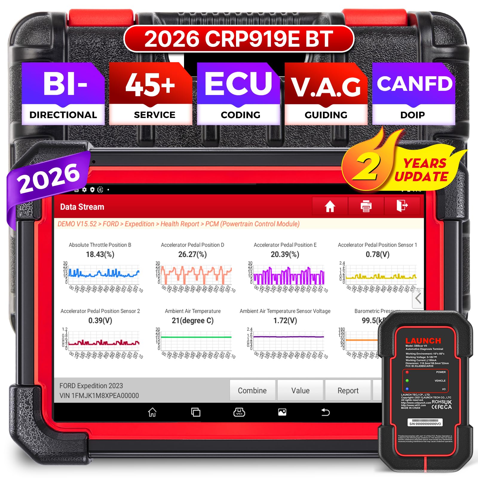 LAUNCH X431 CRP919E BT OBD2 Diagnosis Coche Multimarca de Sistema Completo y 45+ Funcíon Reinicio, Bluetooth Escáner Control Bidireccional, Codificación ECU,FCA AutoAuth Nivel OE Actualización 2 Año