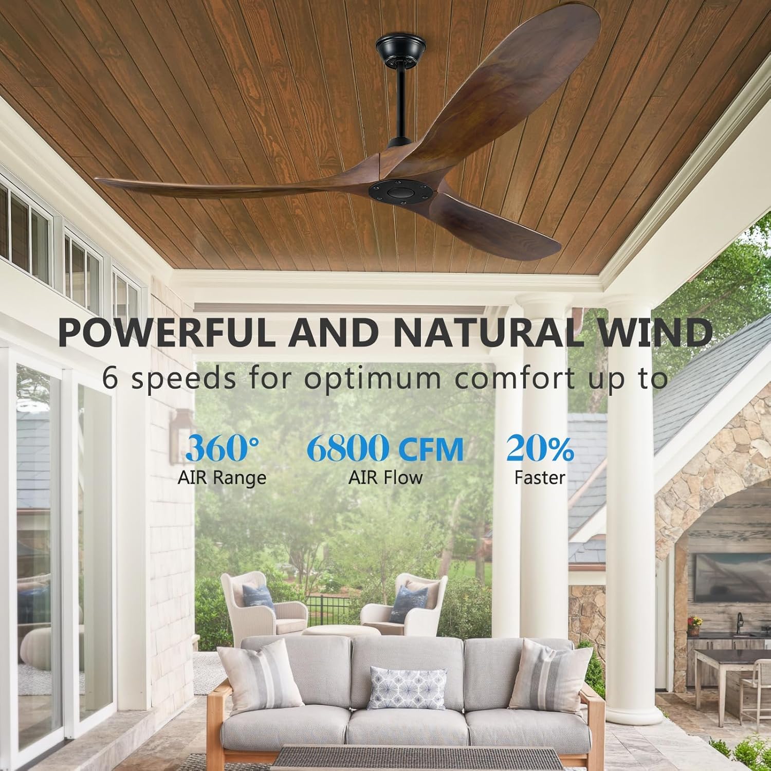 52 inch Outdoor Ceiling Fans without Lights and Remote Control, 3 Blade Ceiling Fan No Lights High CFM Quiet Wood Walnut Outdoor Fan, Propeller Ceiling Fan for Outdoor/Indoor/Patio, Dark Walnut